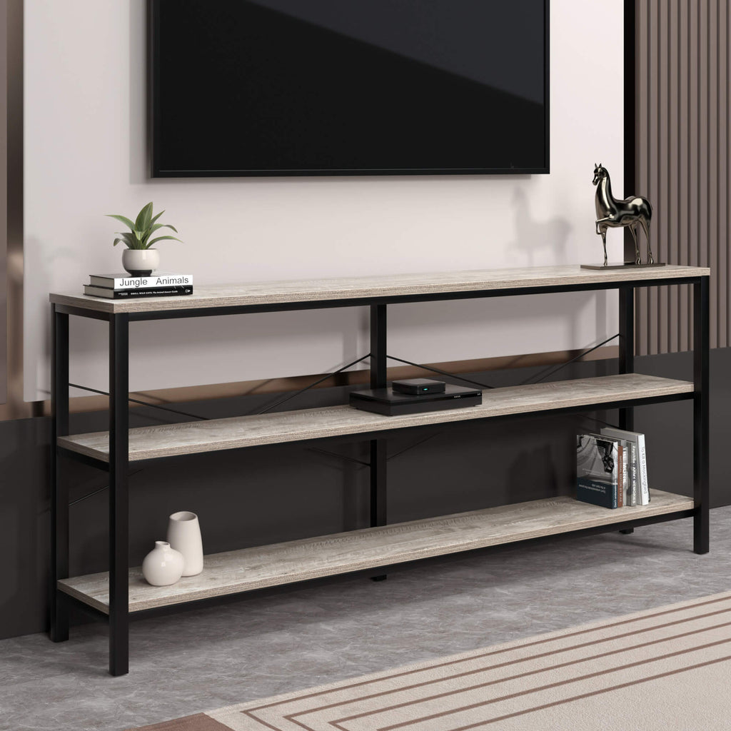 J.M.Deco 71" Industrial Console Table  3-Tier Wood Shelves   Oak Grey front