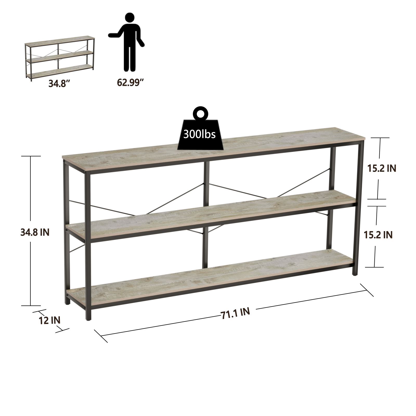 J.M.Deco 71 Inch Industrial Console Table Behind Couch  Extra Long Sofa Table with 3 Tier Wood Storage Shelves  TV Table with Metal Frame for Living Room  Foyer  Hallway (Oak Grey) size