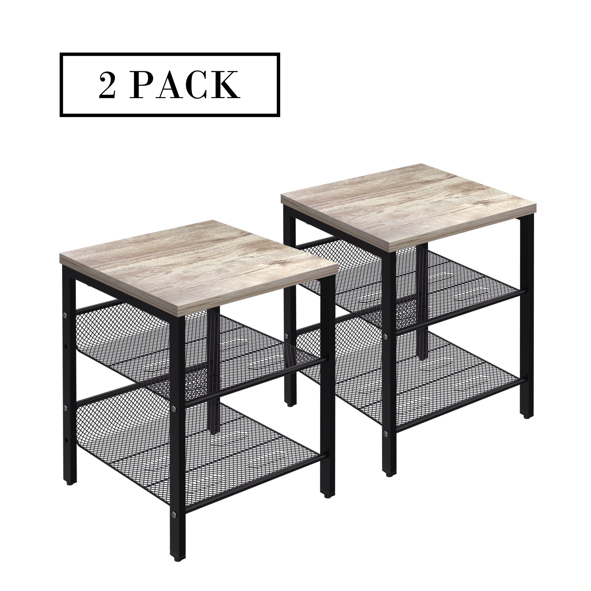 J.M.Deco Nightstand Set of 2 | 3-Tier End Table Small Side Table with 2 Adjustable Mesh Shelves Charter Oak MAIN