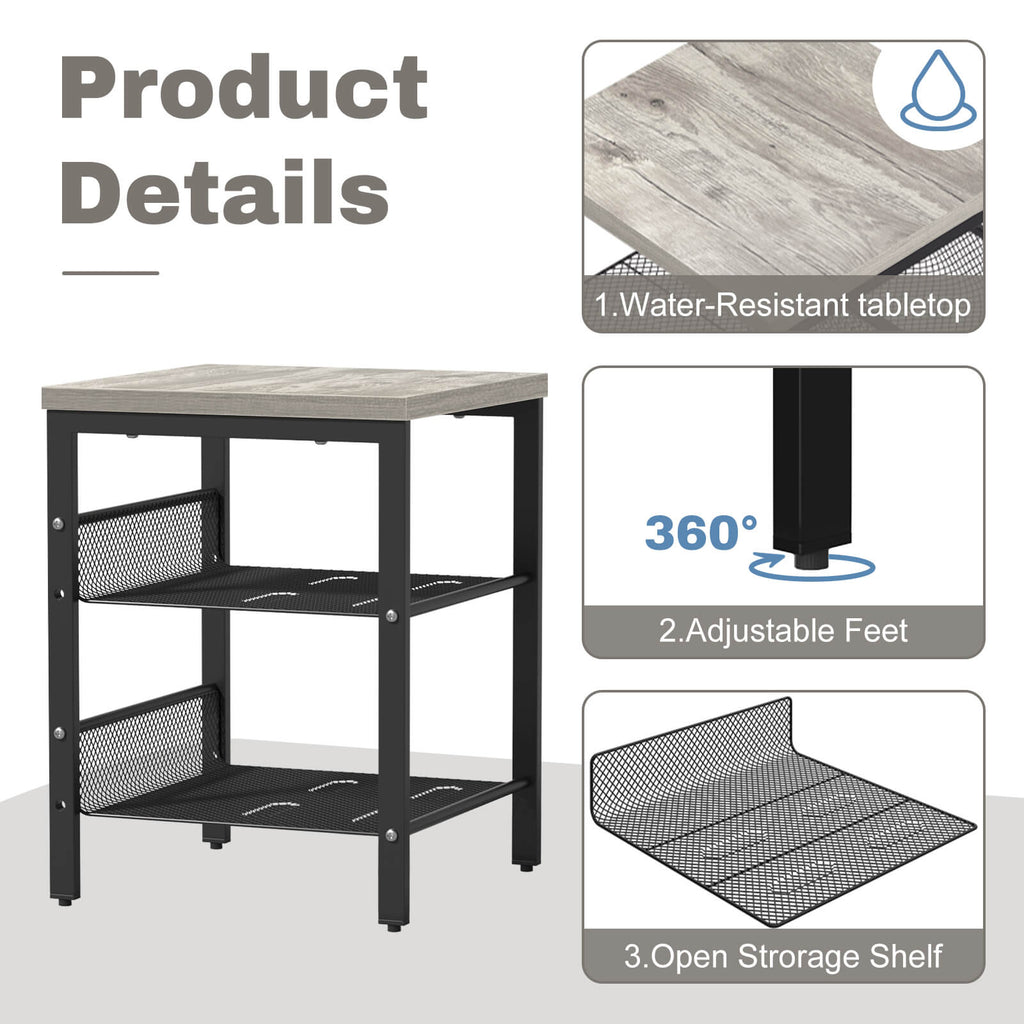 J.M.Deco Nightstand Set of 2   3-Tier Side Table with Mesh Shelves details