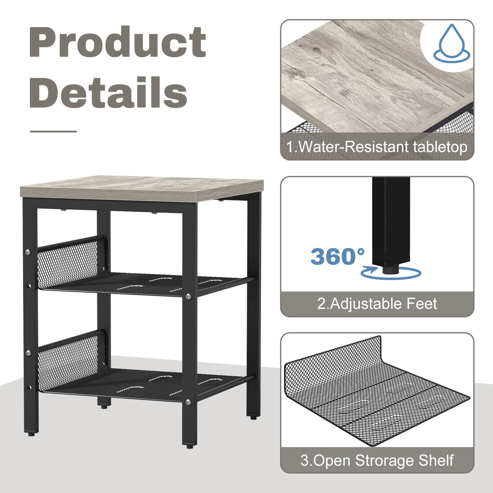 J.M.Deco Nightstand Set of 2   3-Tier Side Table with Mesh Shelves details