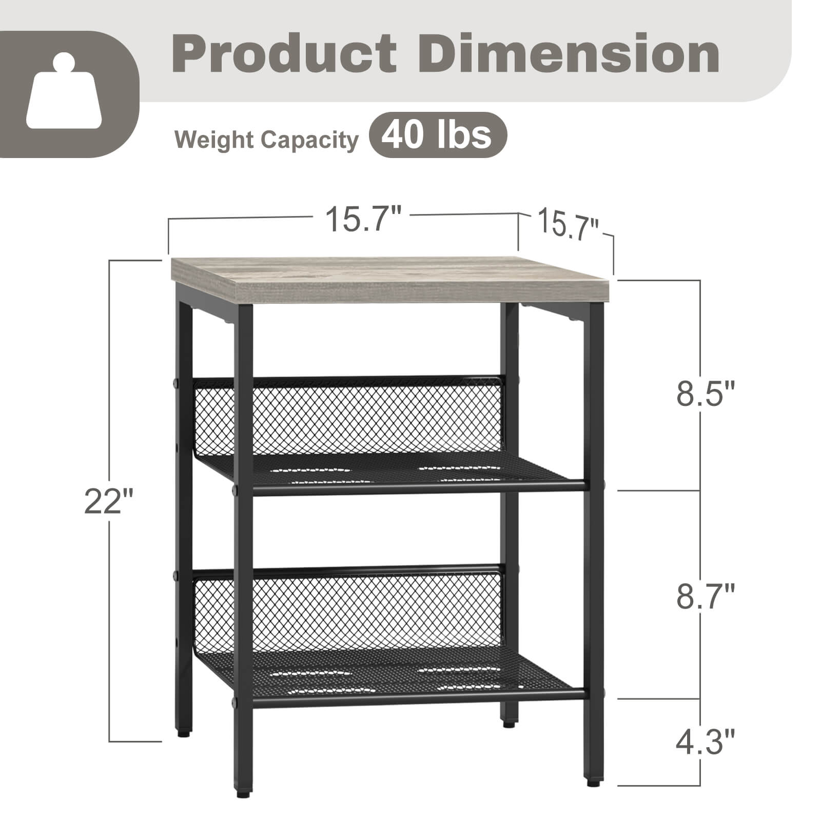 J.M.Deco Nightstand Set of 2   3-Tier Side Table with Mesh Shelves size