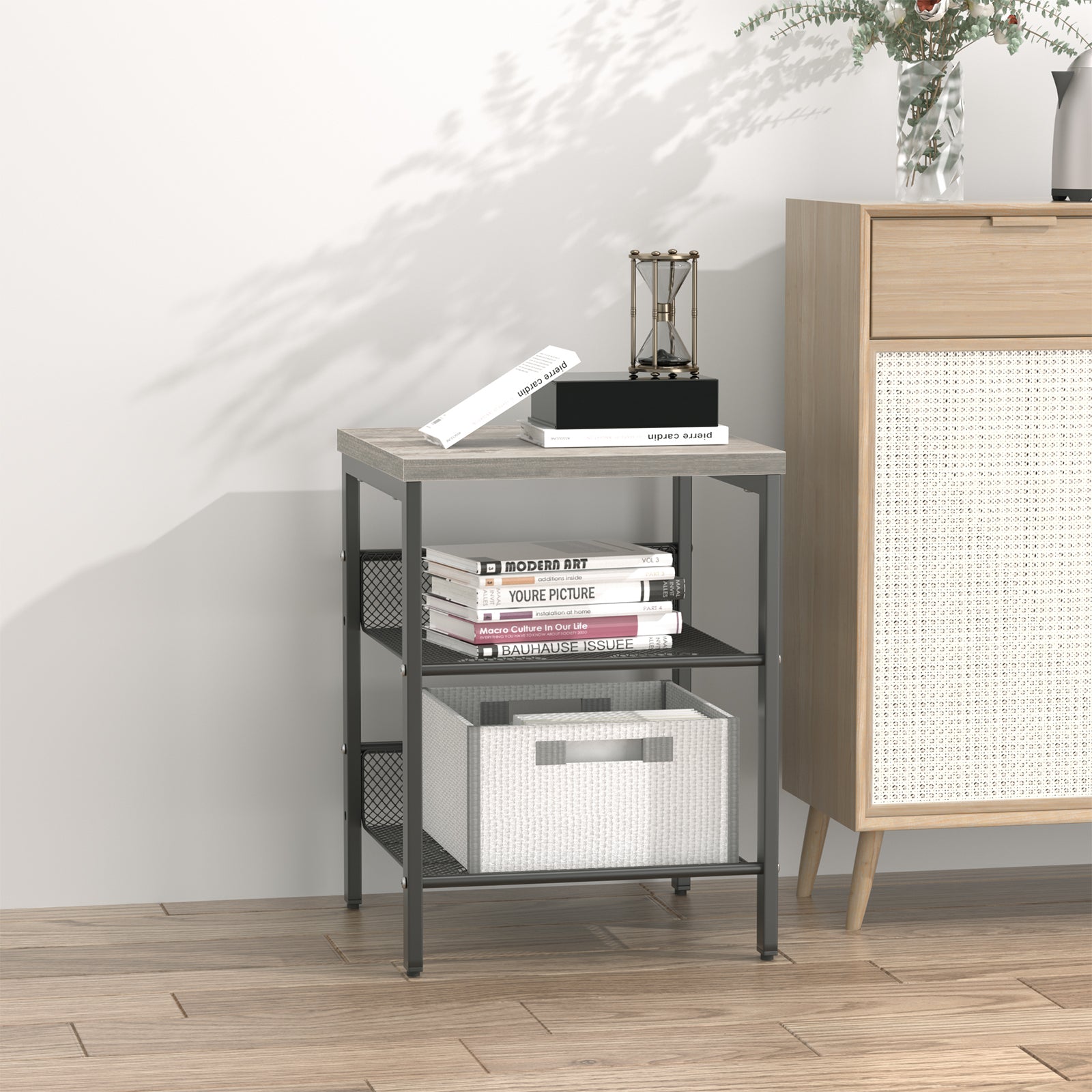 J.M.Deco Nightstand Set of 2 | 3-Tier End Table Small Side Table with 2 Adjustable Mesh Shelves Charter Oak front