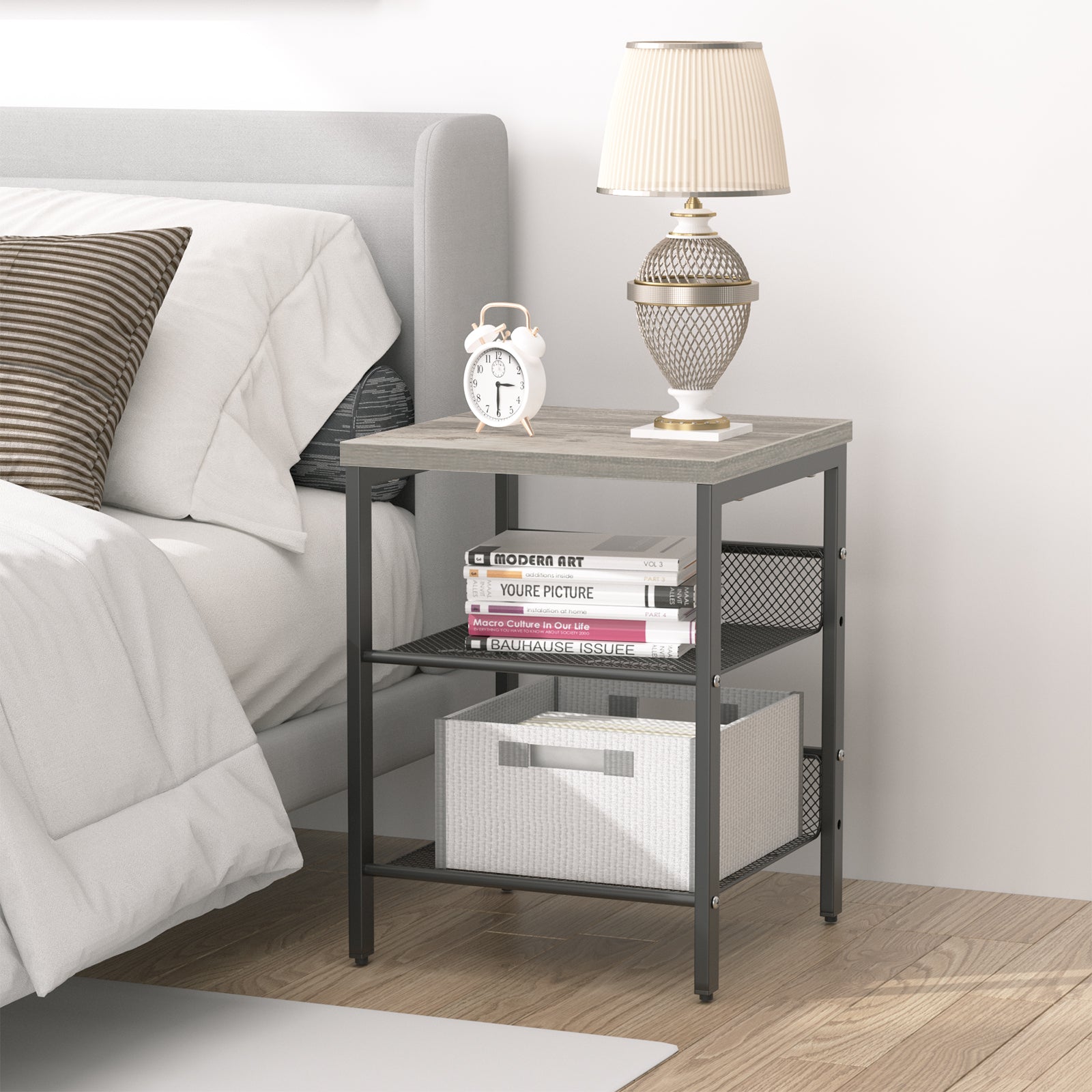 J.M.Deco Nightstand Set of 2 | 3-Tier End Table Small Side Table with 2 Adjustable Mesh Shelves Charter Oak side