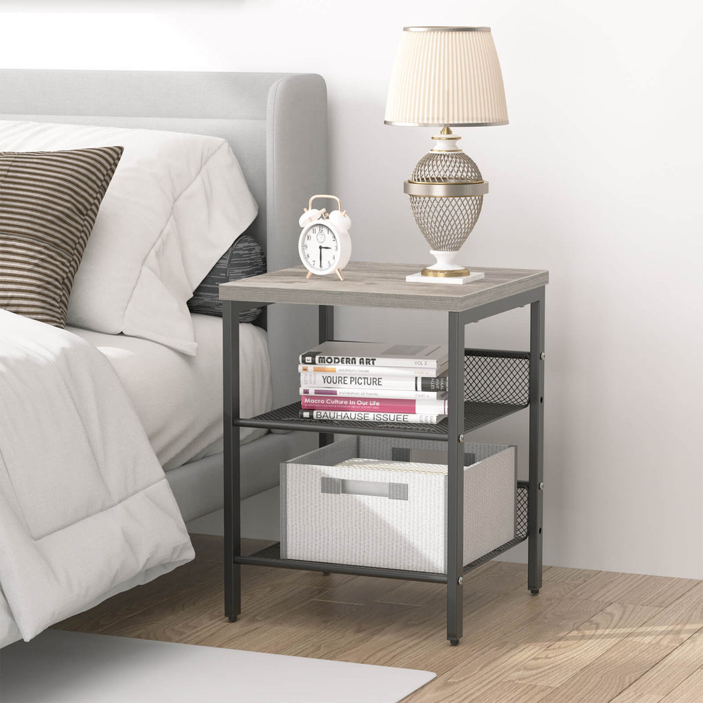 J.M.Deco Nightstand Set of 2   3-Tier Side Table with Mesh Shelves gray