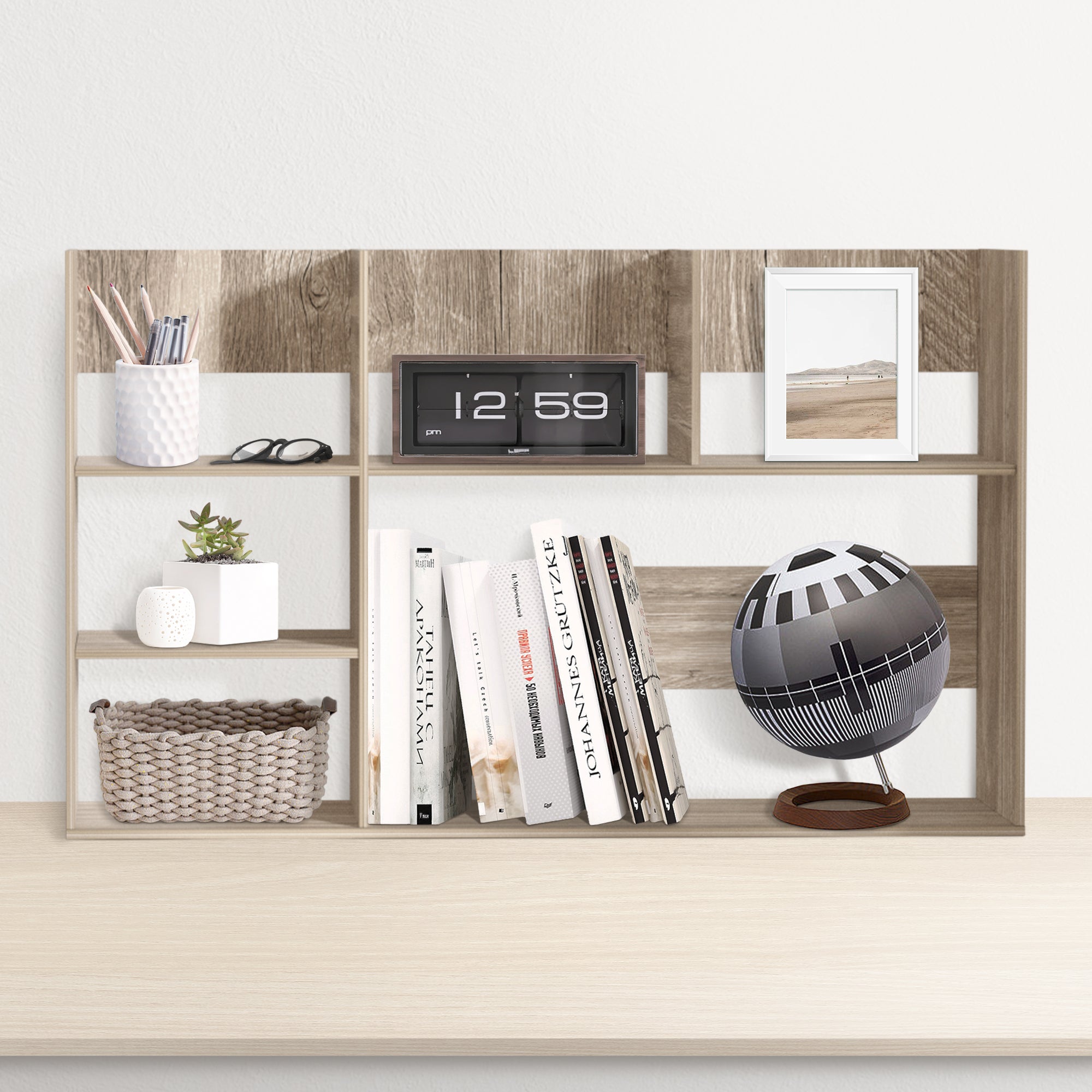 J.M.Deco Wood Desktop Storage Organizer Multipurpose Desk Bookshelf Case Display Large Shelf Rack Counter Top Bookcase for Office Home grey front