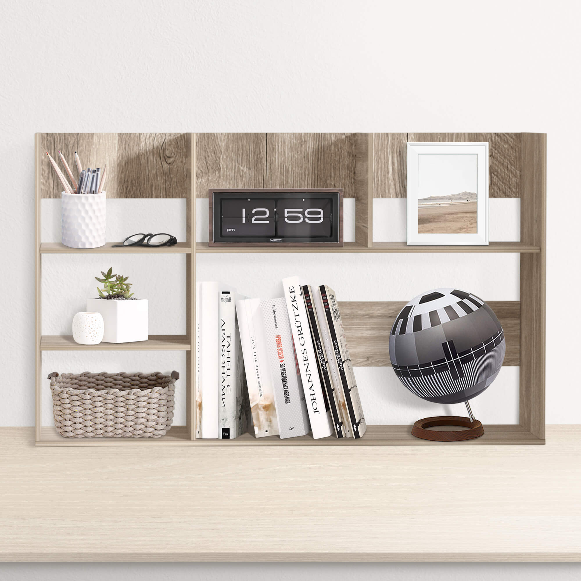 J.M.Deco Wooden desk organizer with books, stationery, and decor items in a home office setting gray front