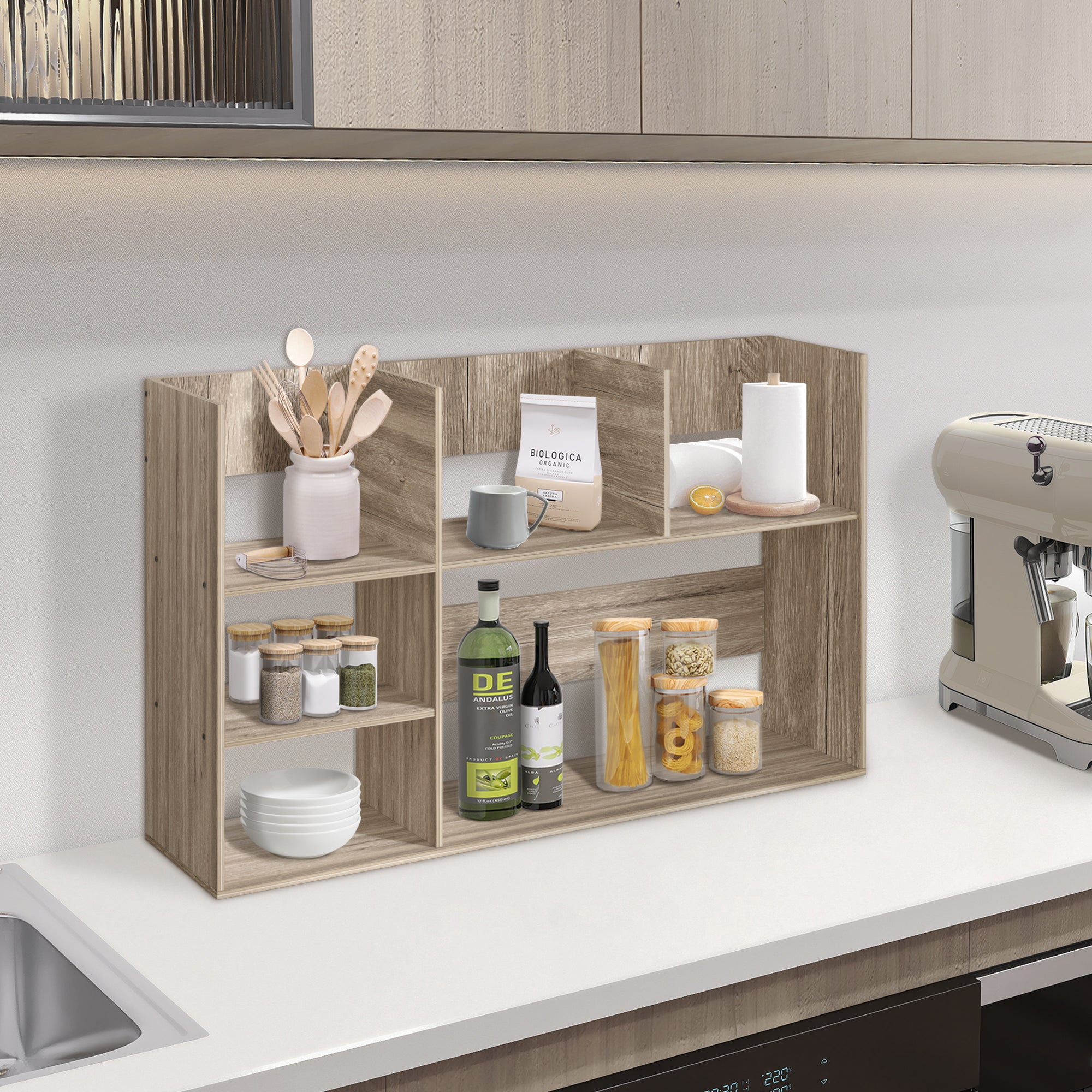 J.M.Deco Wood Desktop Storage Organizer Multipurpose Desk Bookshelf Case Display Large Shelf Rack Counter Top Bookcase for Office Home grey in the kitchen