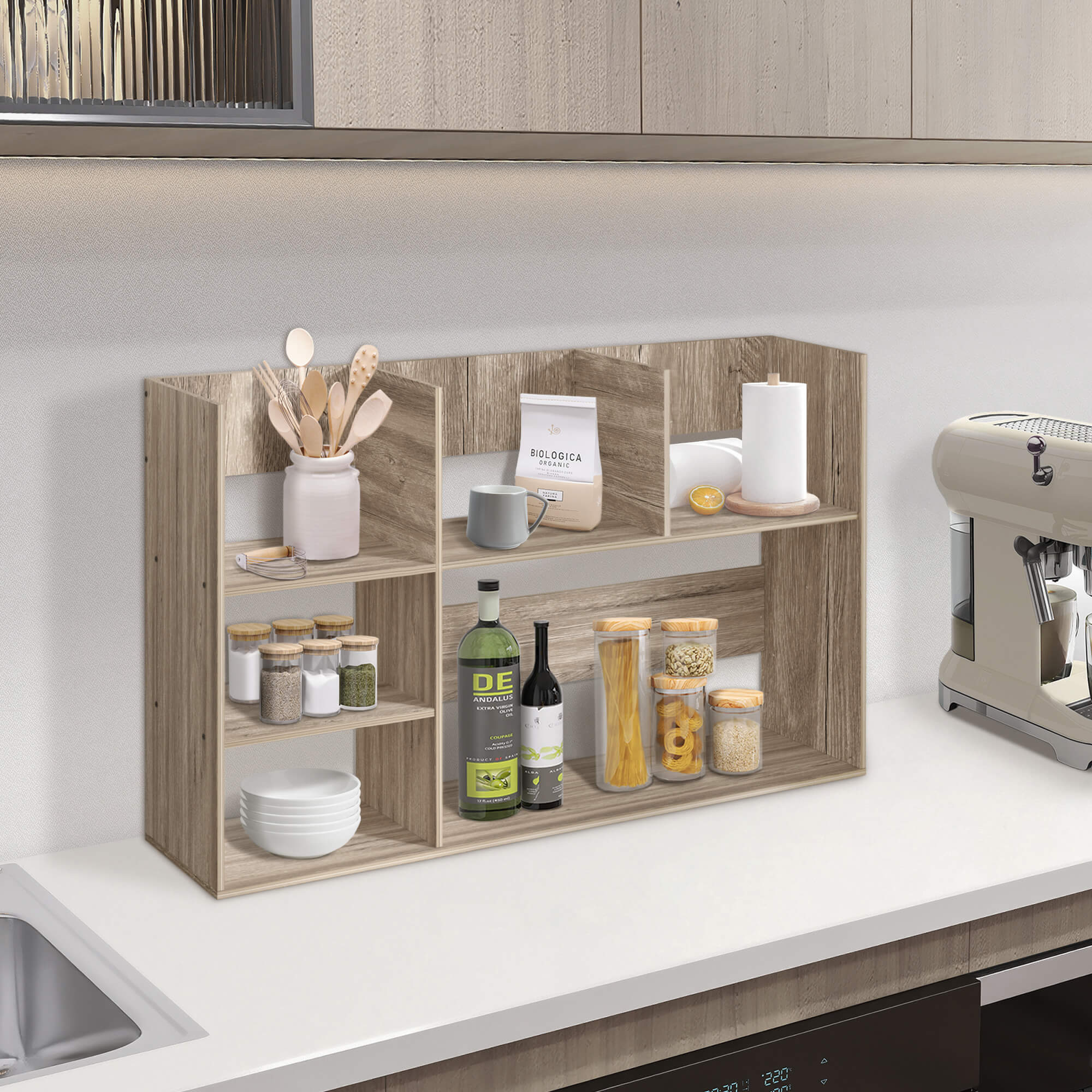 J.M.Deco Wooden desk organizer with books, stationery, and decor items in a home office setting gray side