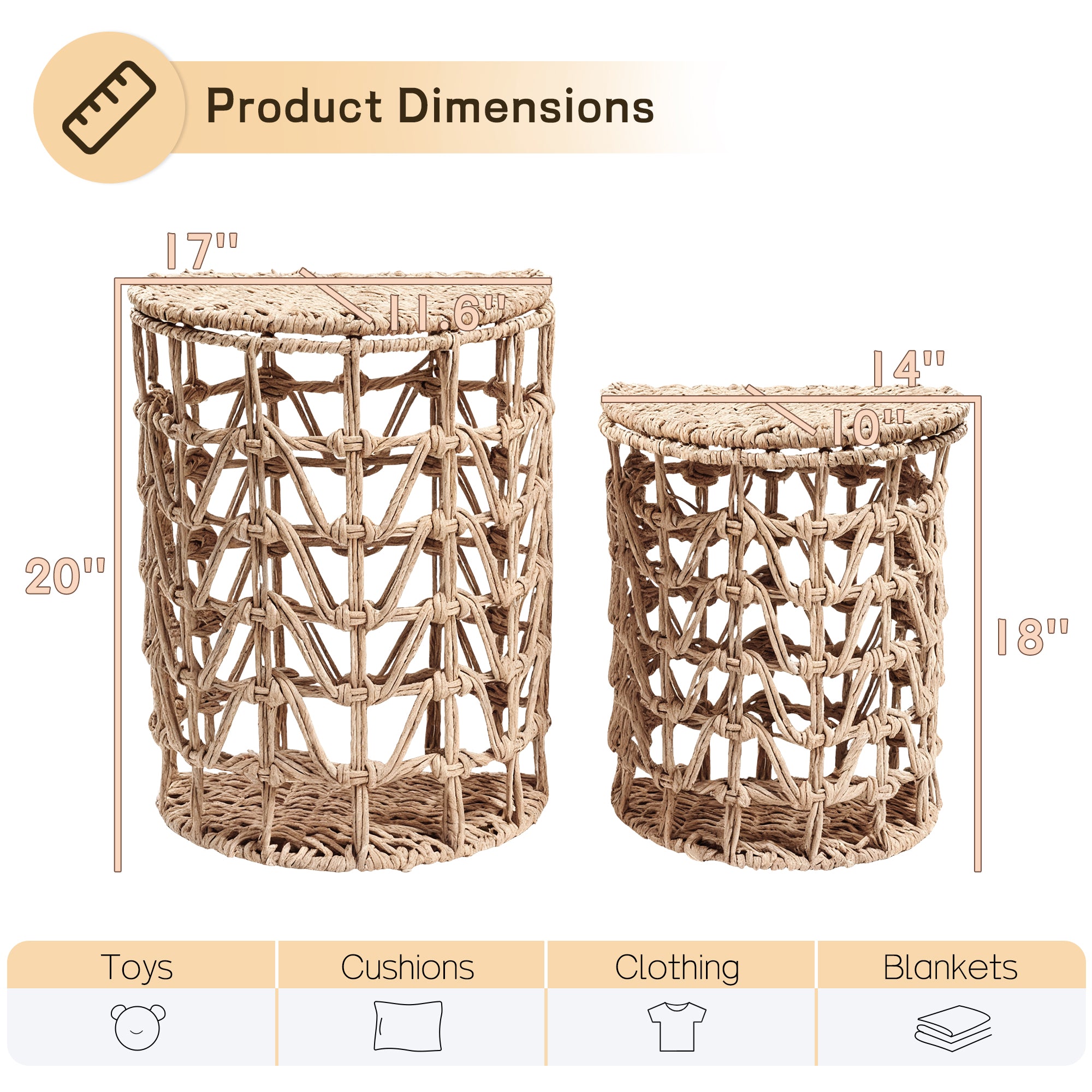 J.M.Deco Two-Pack Woven Wicker Laundry Hampers with Lid  Semi-Cylinder Clothes Hamper Basket  Decorative Laundry Organizer for Dirty Clothes Storage Basket for Bathroom and Bedroom dmensions