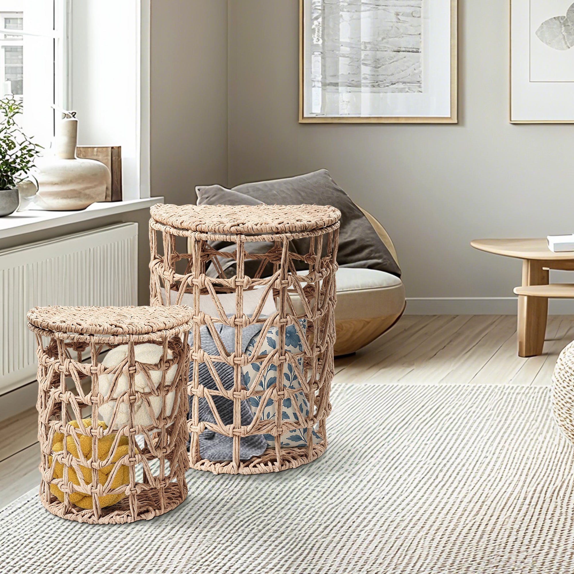 J.M.Deco Two-Pack Woven Wicker Laundry Hampers with Lid  Semi-Cylinder Clothes Hamper Basket  Decorative Laundry Organizer for Dirty Clothes Storage Basket for Bathroom and Bedroom in the living room