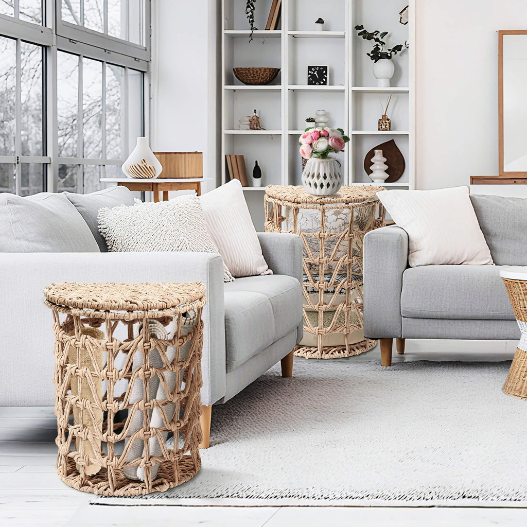 J.M.Deco Wicker Laundry Hamper with Lid Set of 2  Semi-Cylinder  Natural Woven in the living room