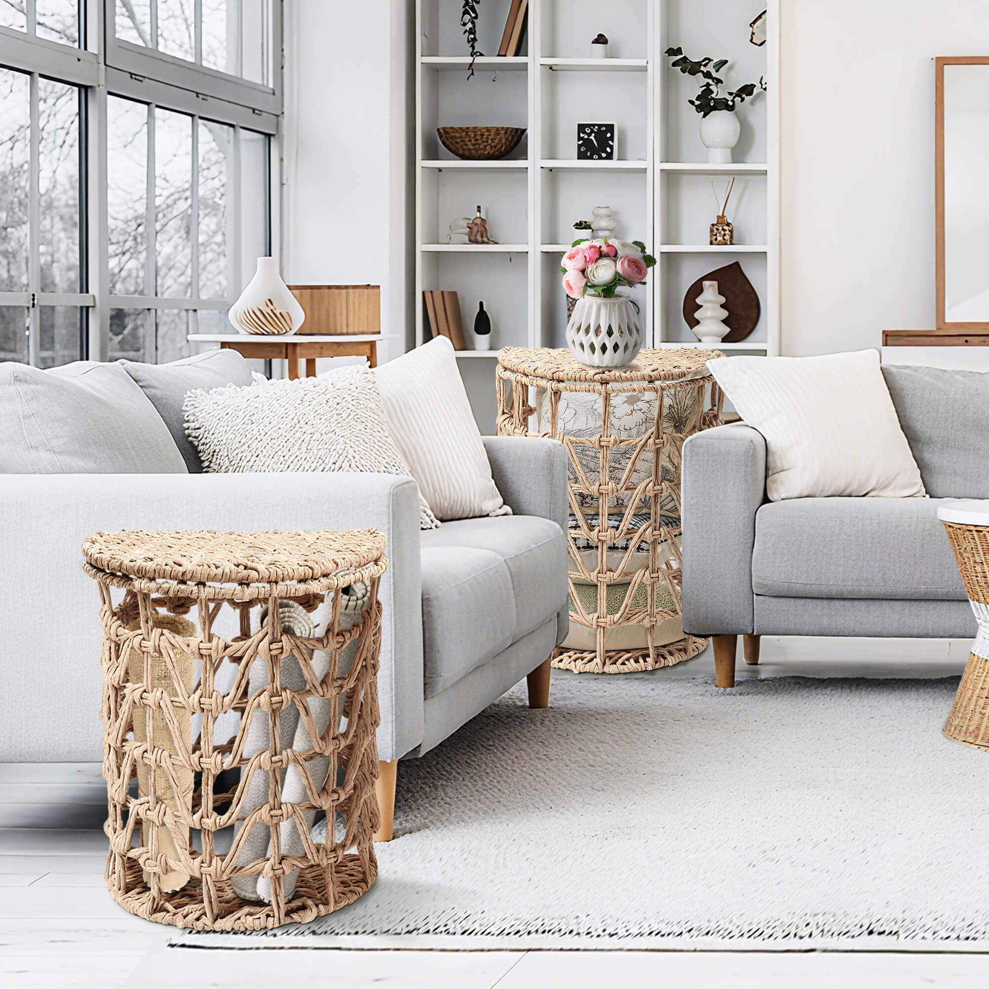 J.M.Deco Wicker Laundry Hamper with Lid Set of 2  Semi-Cylinder  Natural Woven in the living room