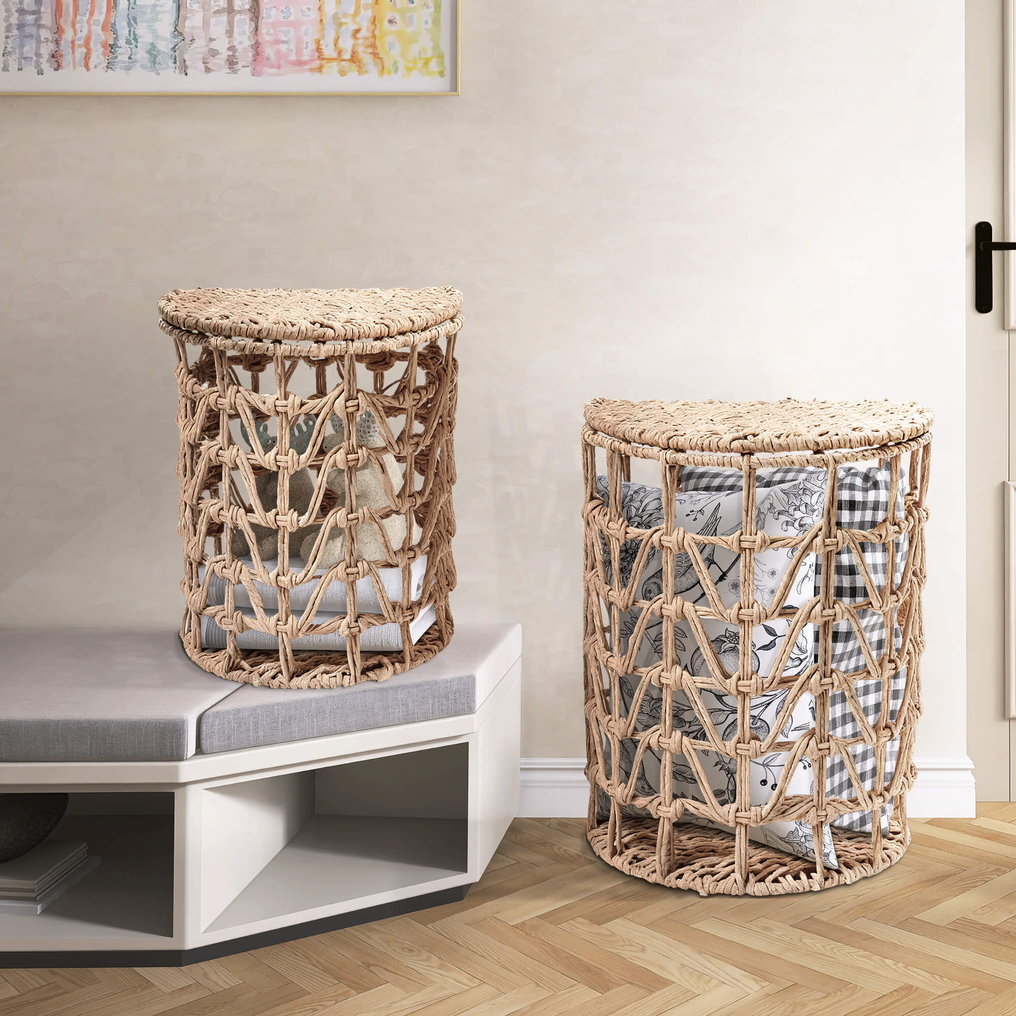 J.M.Deco Wicker Laundry Hamper with Lid Set of 2  Semi-Cylinder  Natural Woven in the corner
