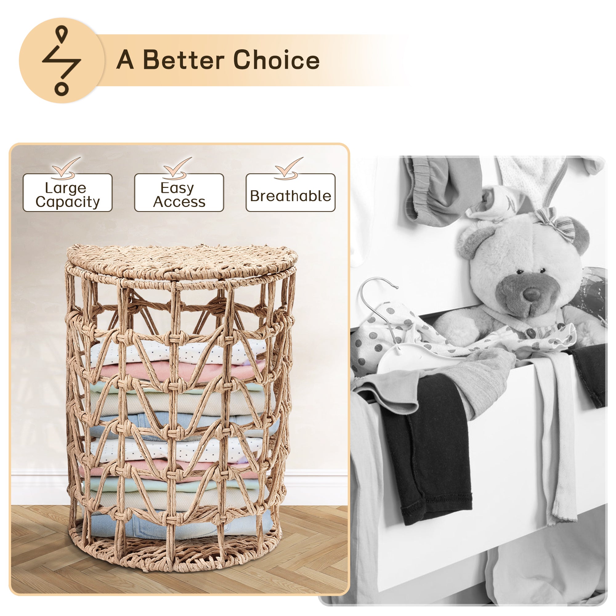 J.M.Deco Two-Pack Woven Wicker Laundry Hampers with Lid  Semi-Cylinder Clothes Hamper Basket  Decorative Laundry Organizer for Dirty Clothes Storage Basket for Bathroom and Bedroom advantages
