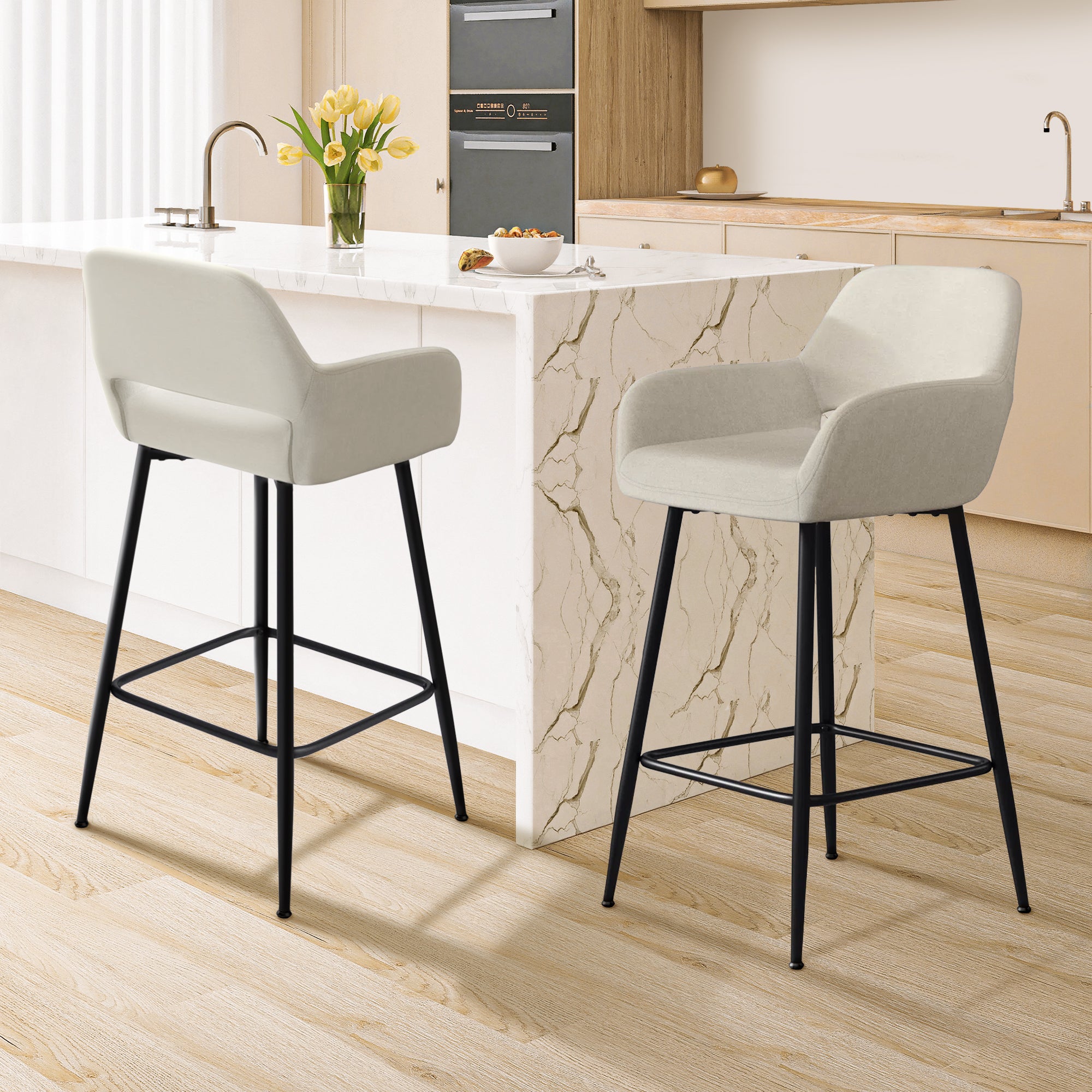 J.M.Deco Set of 2 28" Counter Height Velvet Bar Stools  High Back  Armrest  Khak in the kitchen