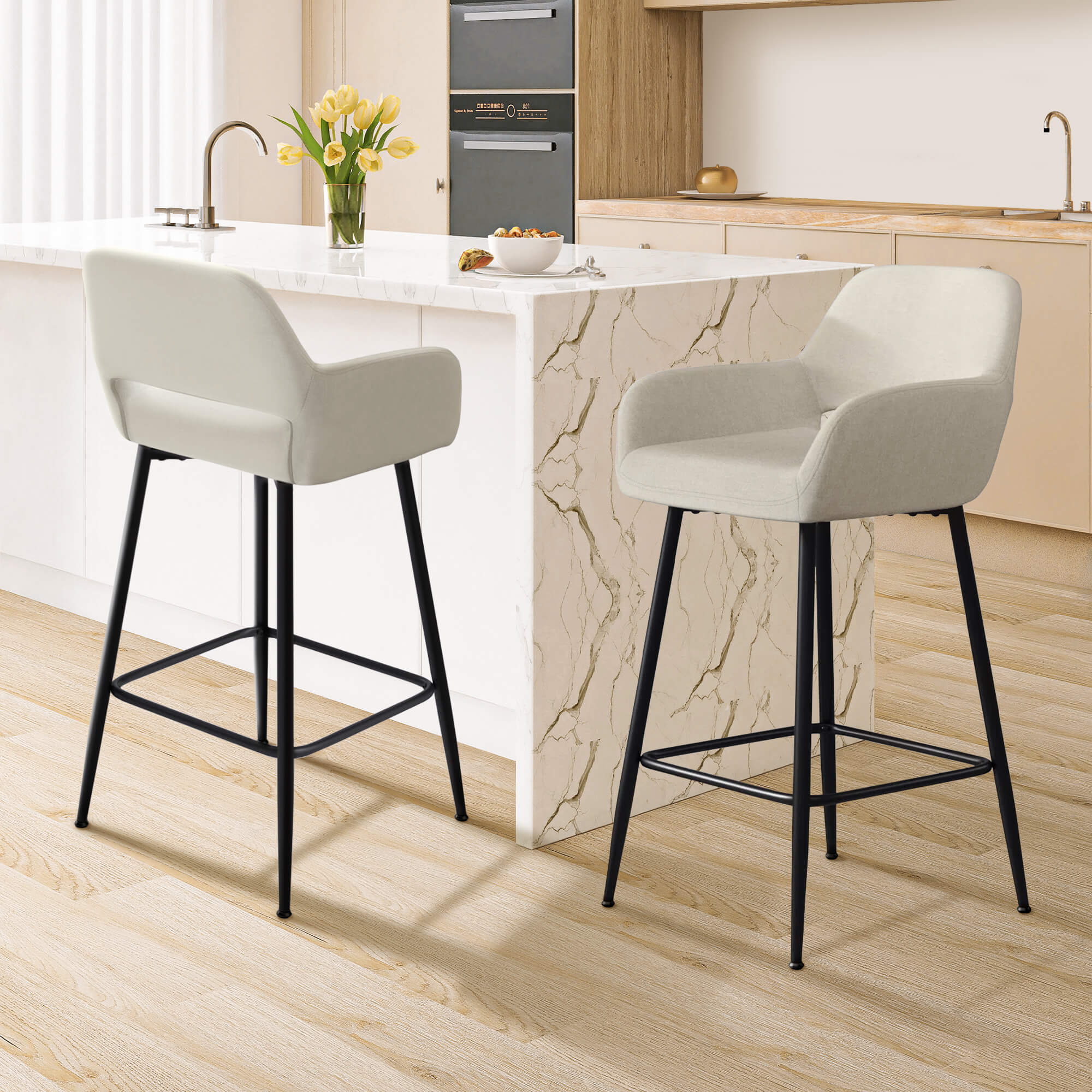 J.M.Deco 28" Velvet Bar Stools Set of 2    High Back & Armrest   Khaki in use2