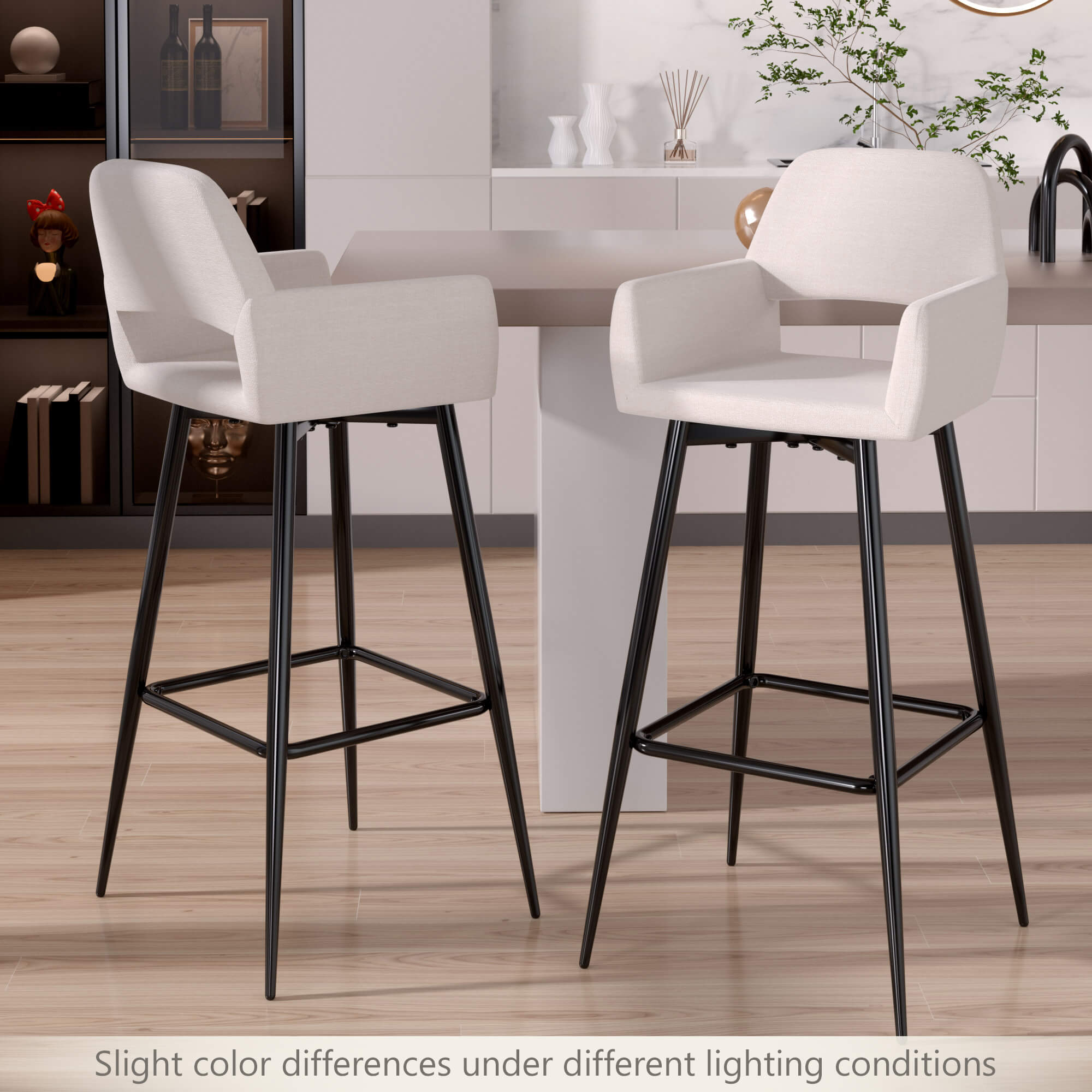 J.M.Deco 28" Velvet Bar Stools Set of 2    High Back & Armrest   Khaki in use