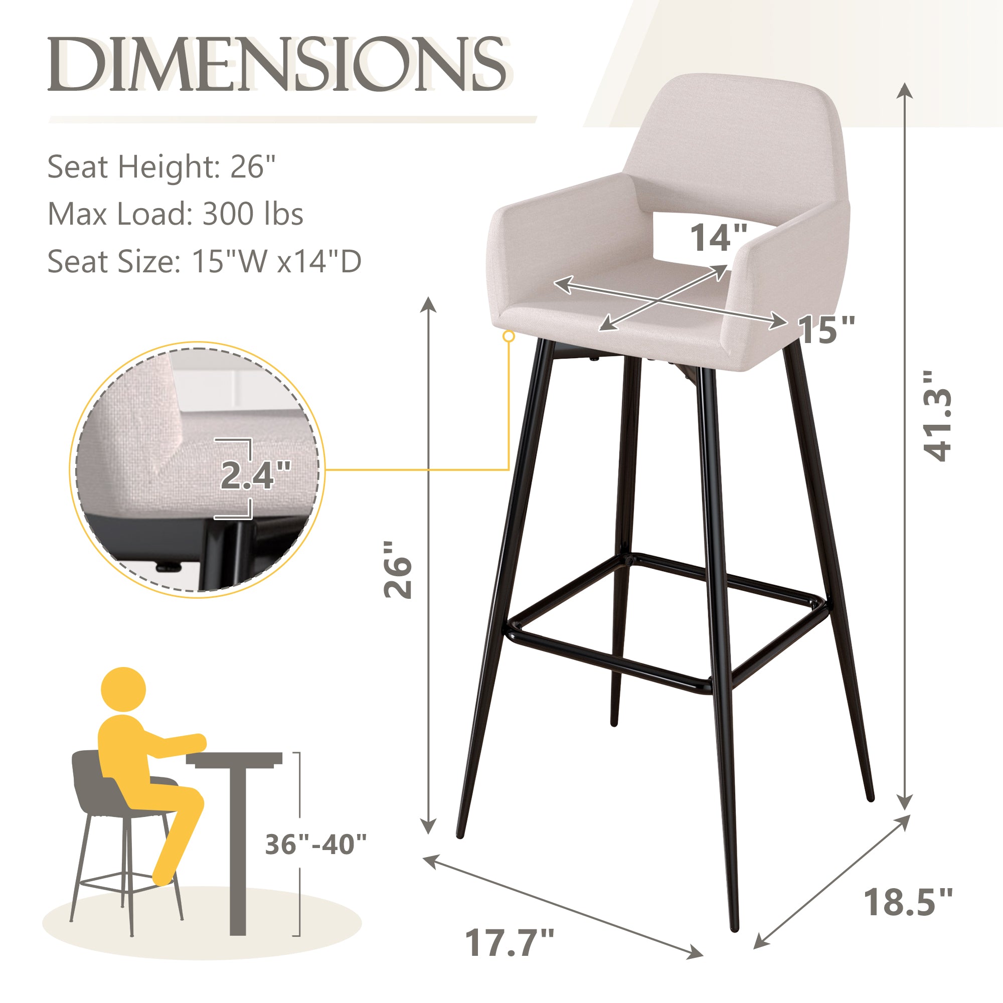 J.M.Deco Set of 2 28" Counter Height Velvet Bar Stools  High Back  Armrest Khaki dimensions