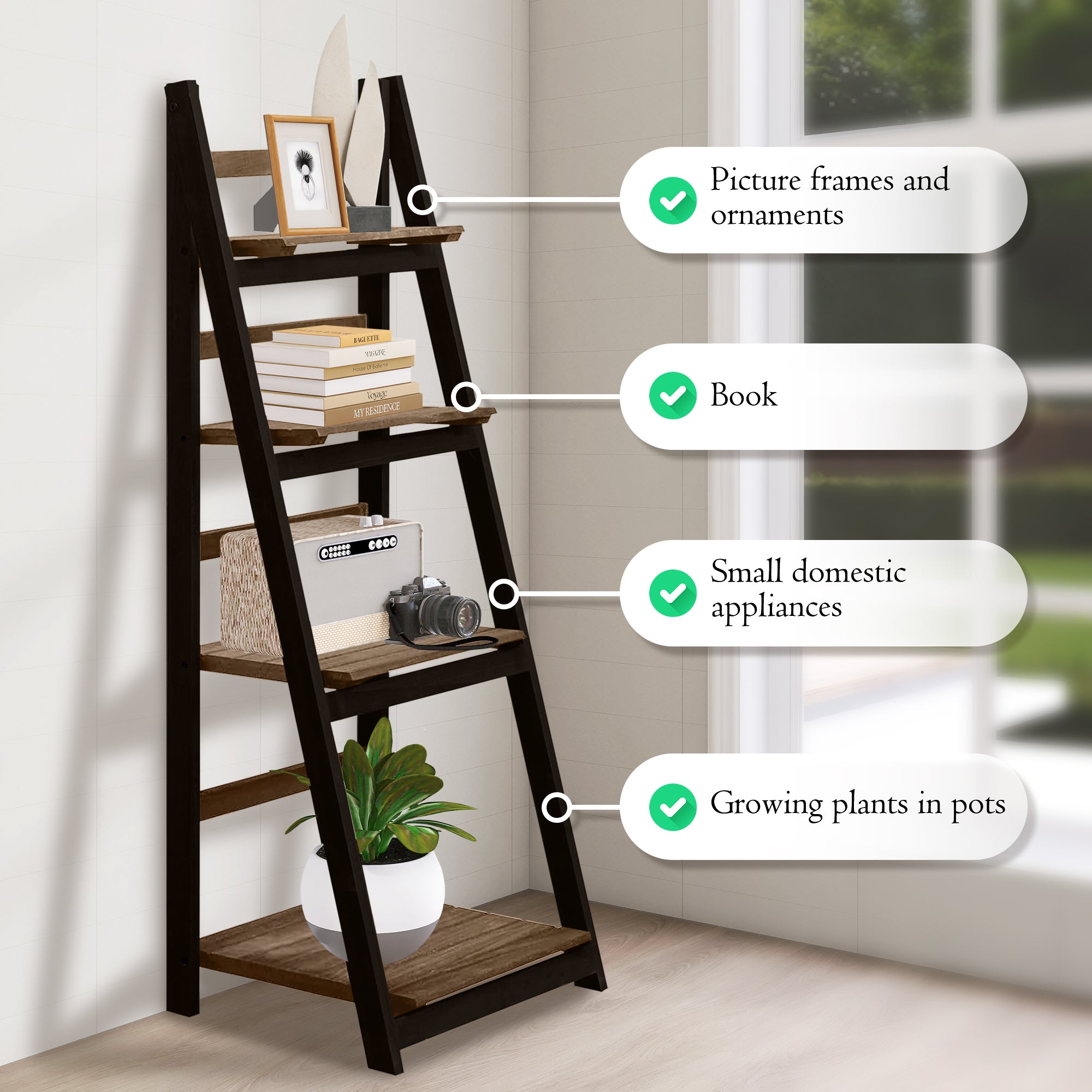 J.M.Deco 4-Tier Wooden Ladder Shelf - Rustic Bookshelf  Plant Stand  Storage Rack for Living Room  Bedroom  Patio  Farmhouse Décor (Black and Brown*2 Pack) functions