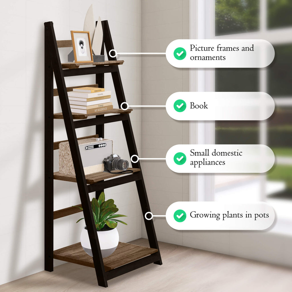 J.M.Deco 4-Tier Ladder Shelf 2-Pack  Rustic Pine Bookshelf & Plant Stand display