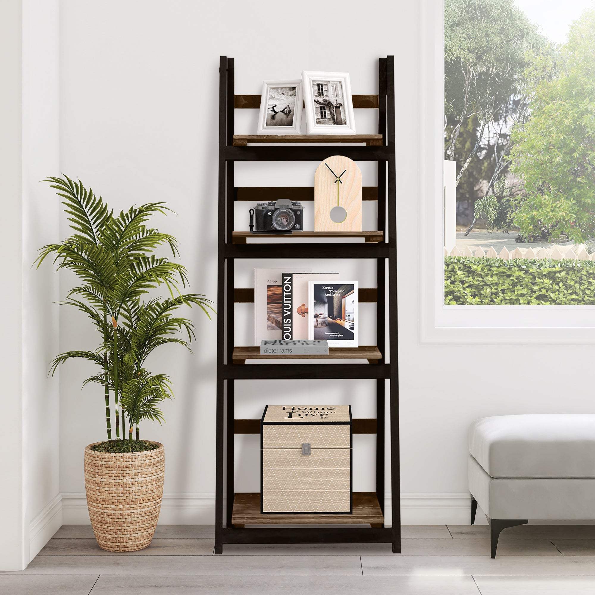 J.M.Deco 4-Tier Wooden Ladder Shelf - Rustic Bookshelf  Plant Stand  Storage Rack for Living Room  Bedroom  Patio  Farmhouse Décor (Black and Brown*2 Pack) front