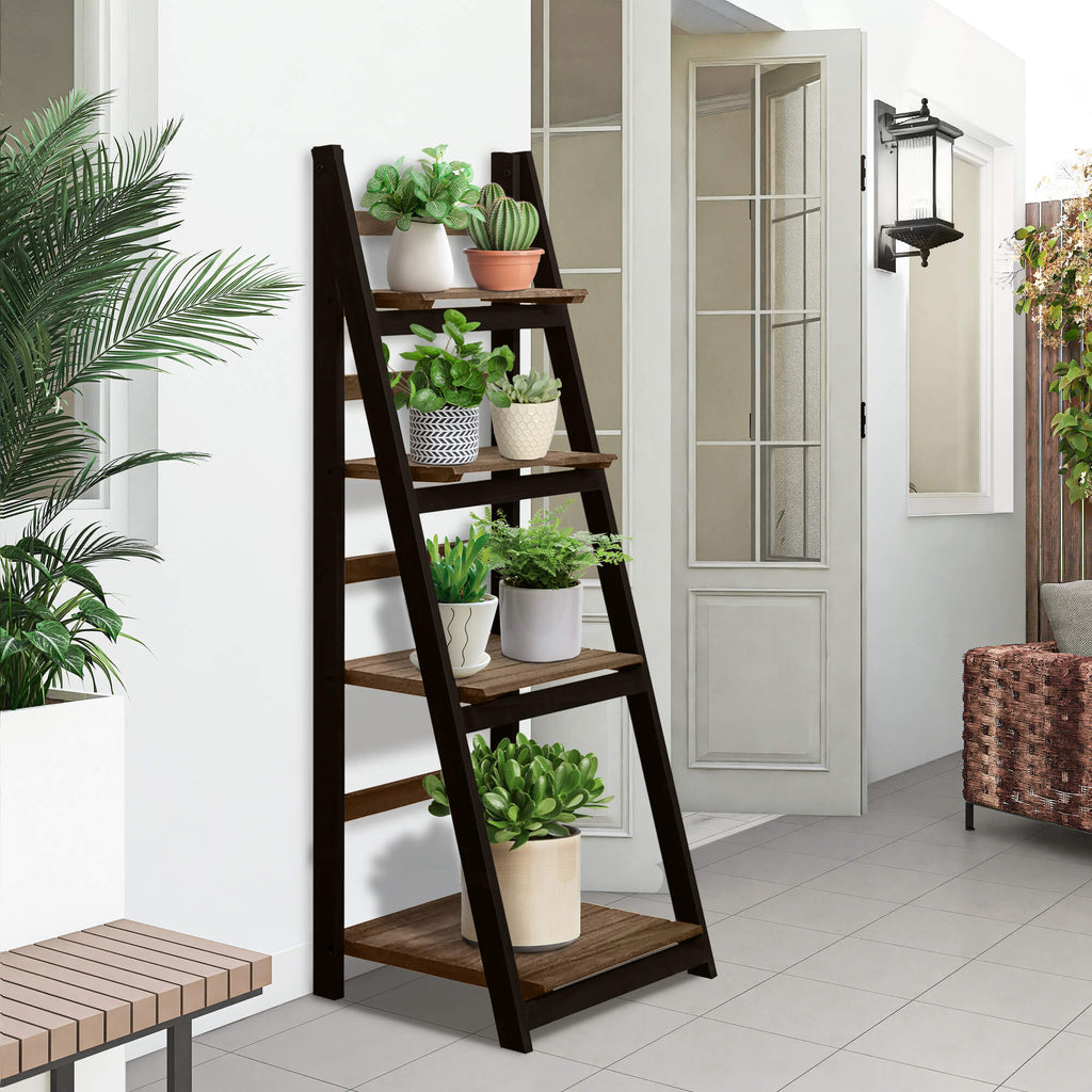 J.M.Deco 4-Tier Ladder Shelf 2-Pack  Rustic Pine Bookshelf & Plant Stand side