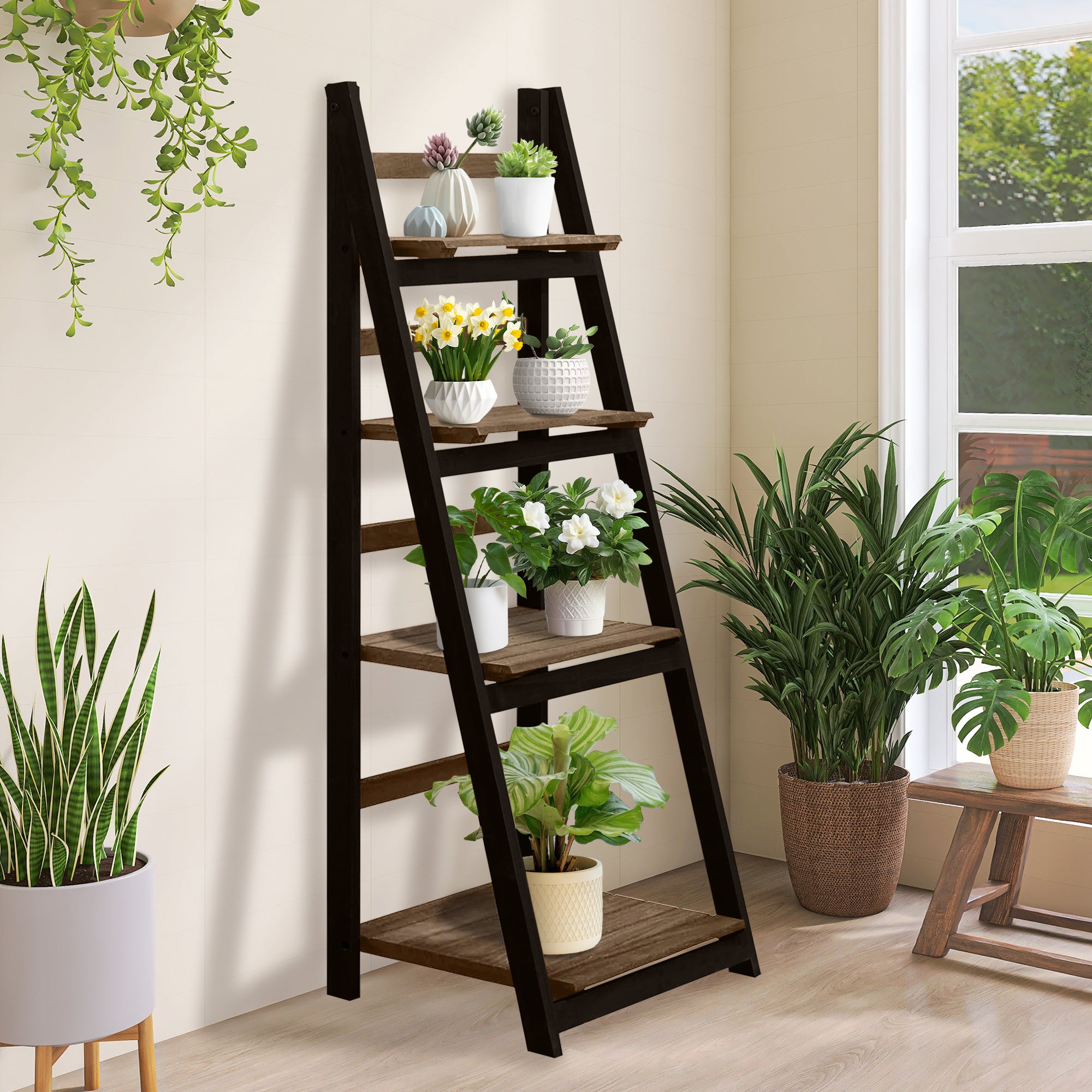J.M.Deco 4-Tier Wooden Ladder Shelf - Rustic Bookshelf  Plant Stand  Storage Rack for Living Room  Bedroom  Patio  Farmhouse Décor (Black and Brown*2 Pack) side