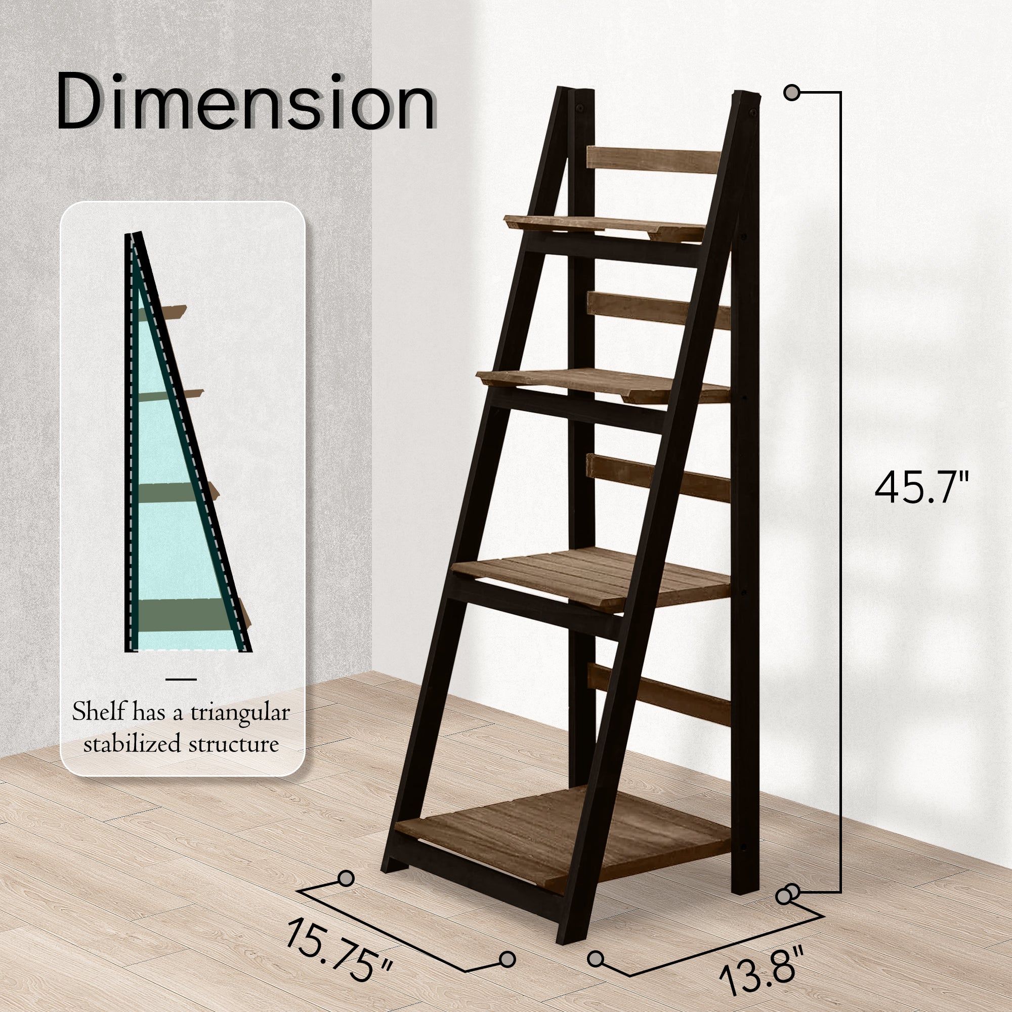 J.M.Deco 4-Tier Wooden Ladder Shelf - Rustic Bookshelf  Plant Stand  Storage Rack for Living Room  Bedroom  Patio  Farmhouse Décor (Black and Brown*2 Pack) dimensions