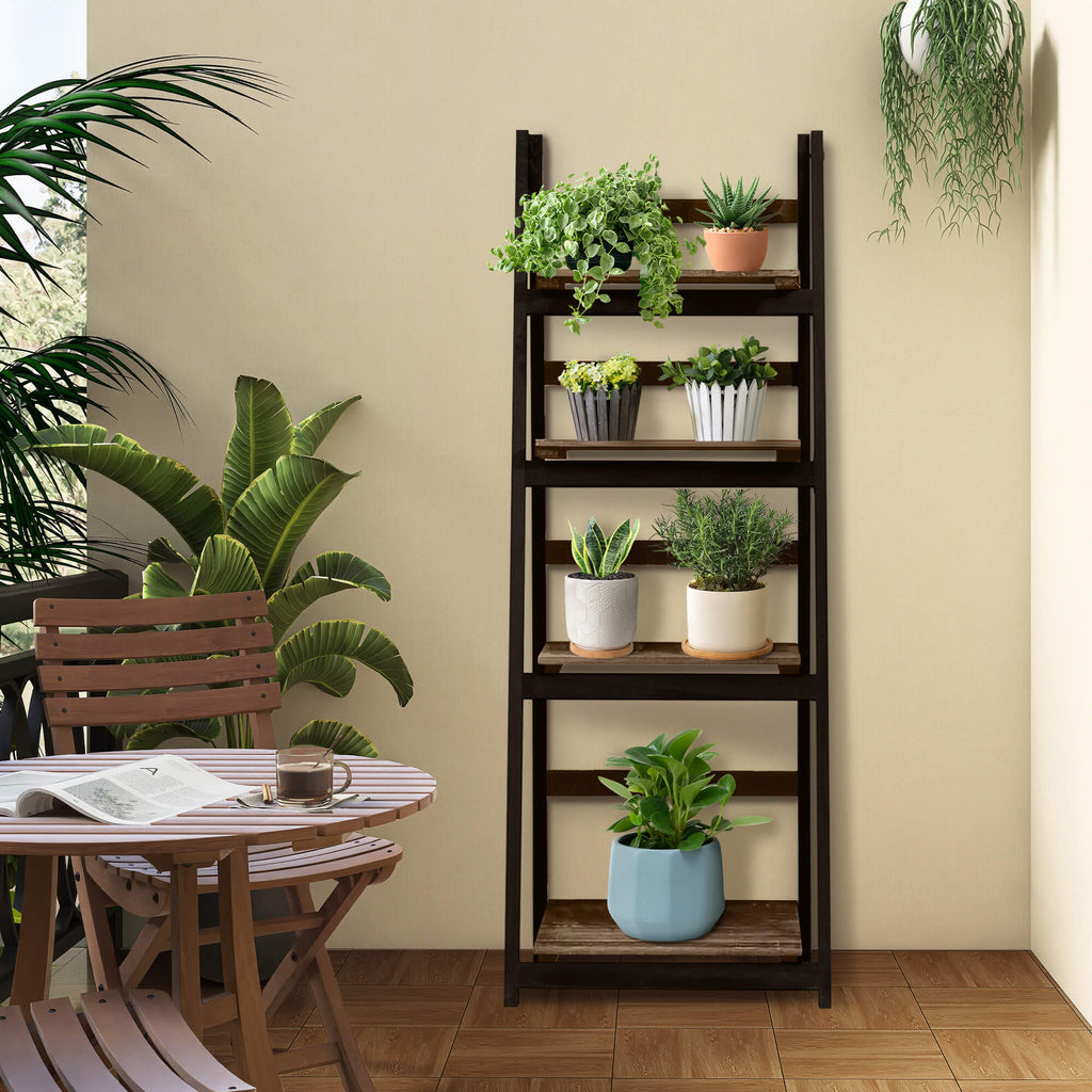 J.M.Deco 4-Tier Ladder Shelf 2-Pack  Rustic Pine Bookshelf & Plant Stand front