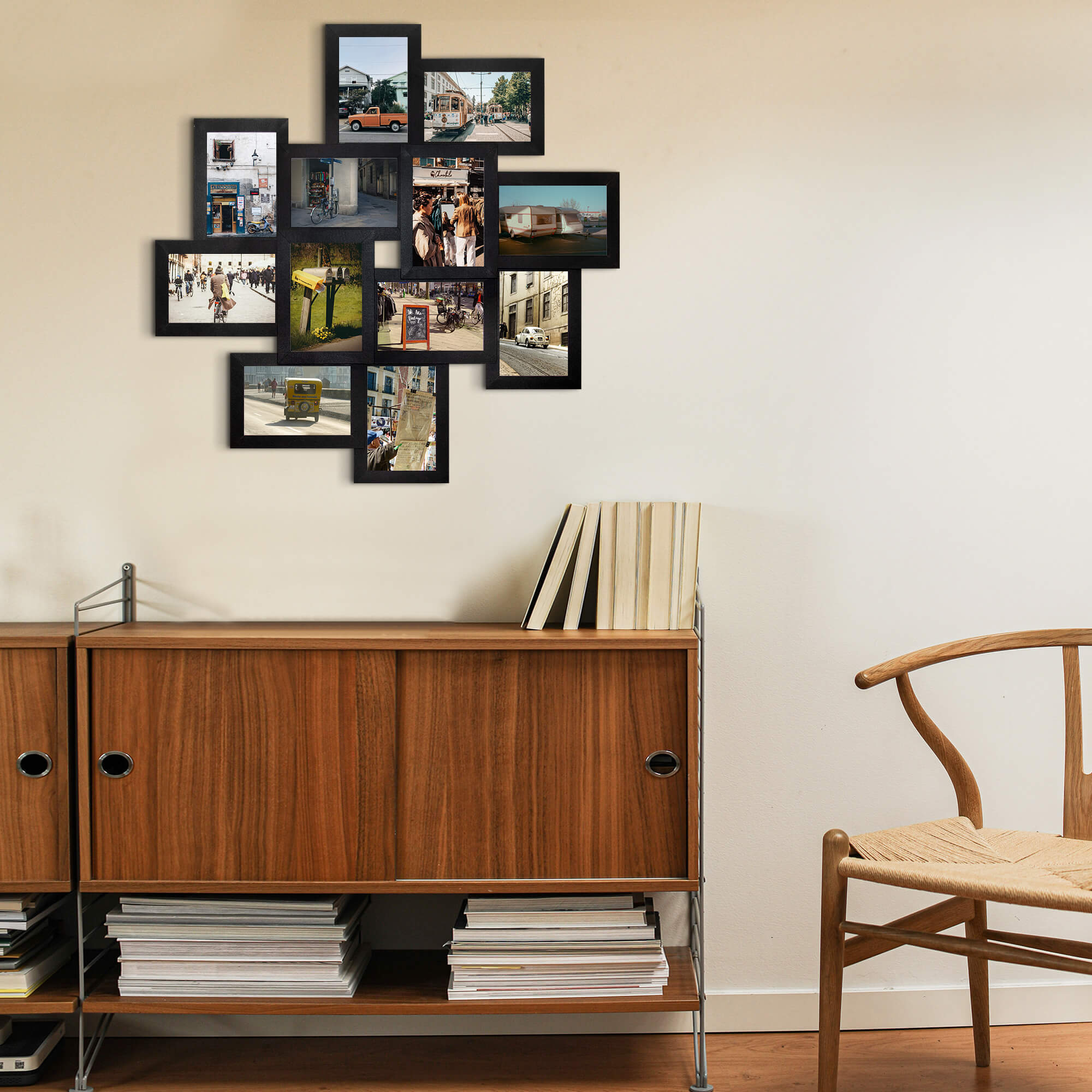 J.M.Deco 12-Opening Collage Frame 2-pack  4x6 Photos   25"x25"   Wall Hanging black in use