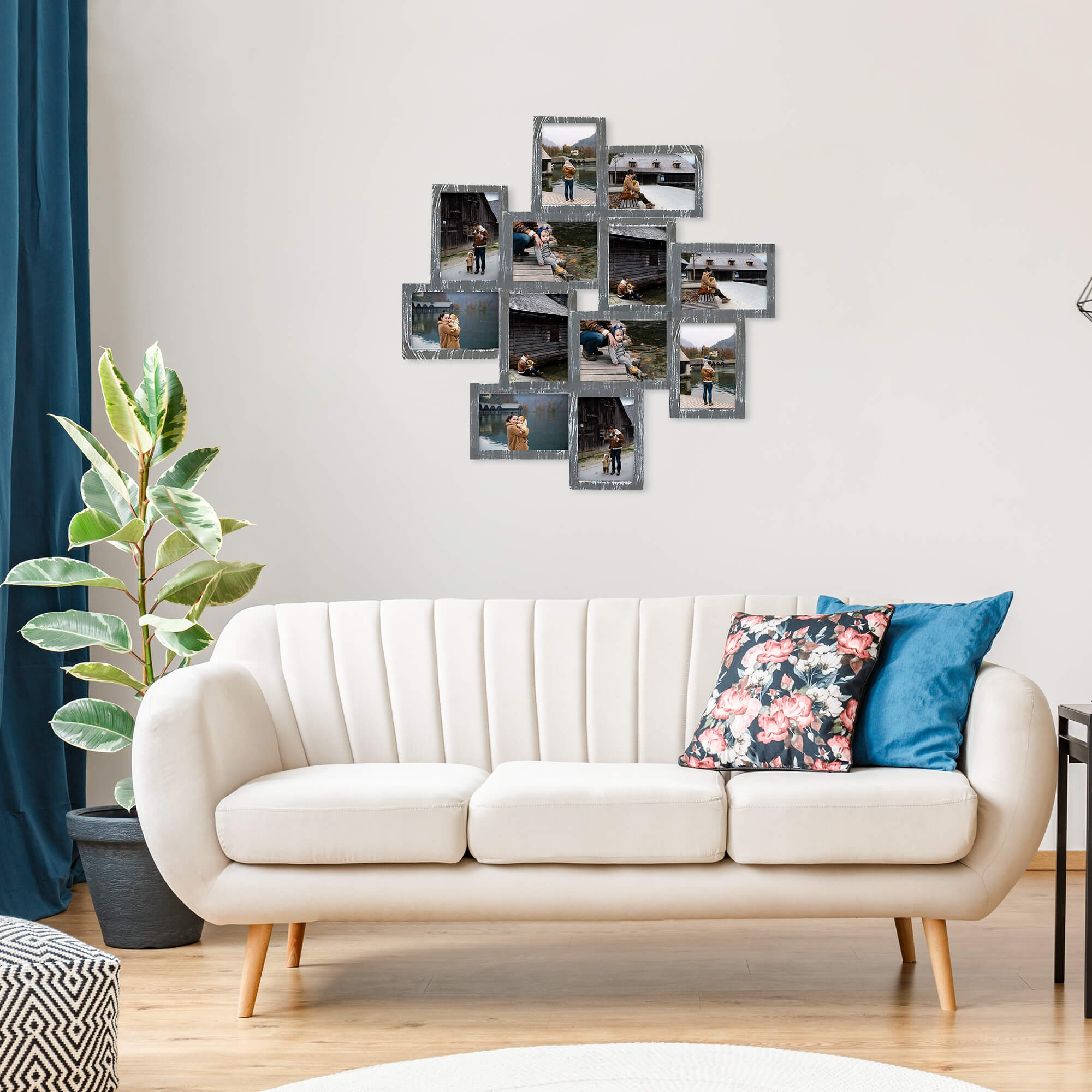 J.M.Deco 12-Opening Collage Frame 2-pack  4x6 Photos   25"x25"   Wall Hanging grey photo frame in use