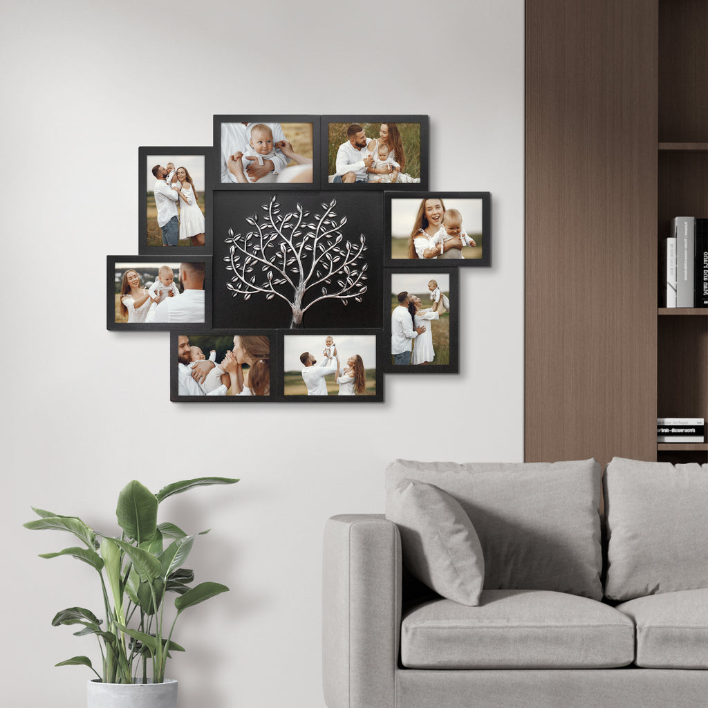 J.M.Deco Picture Frame Collage Large Wall Hanging Photo Frames Elegant Tree Collage Frame Gifts for Family Friends 4x6 inch Home Wall Decor Gallery Display black front
