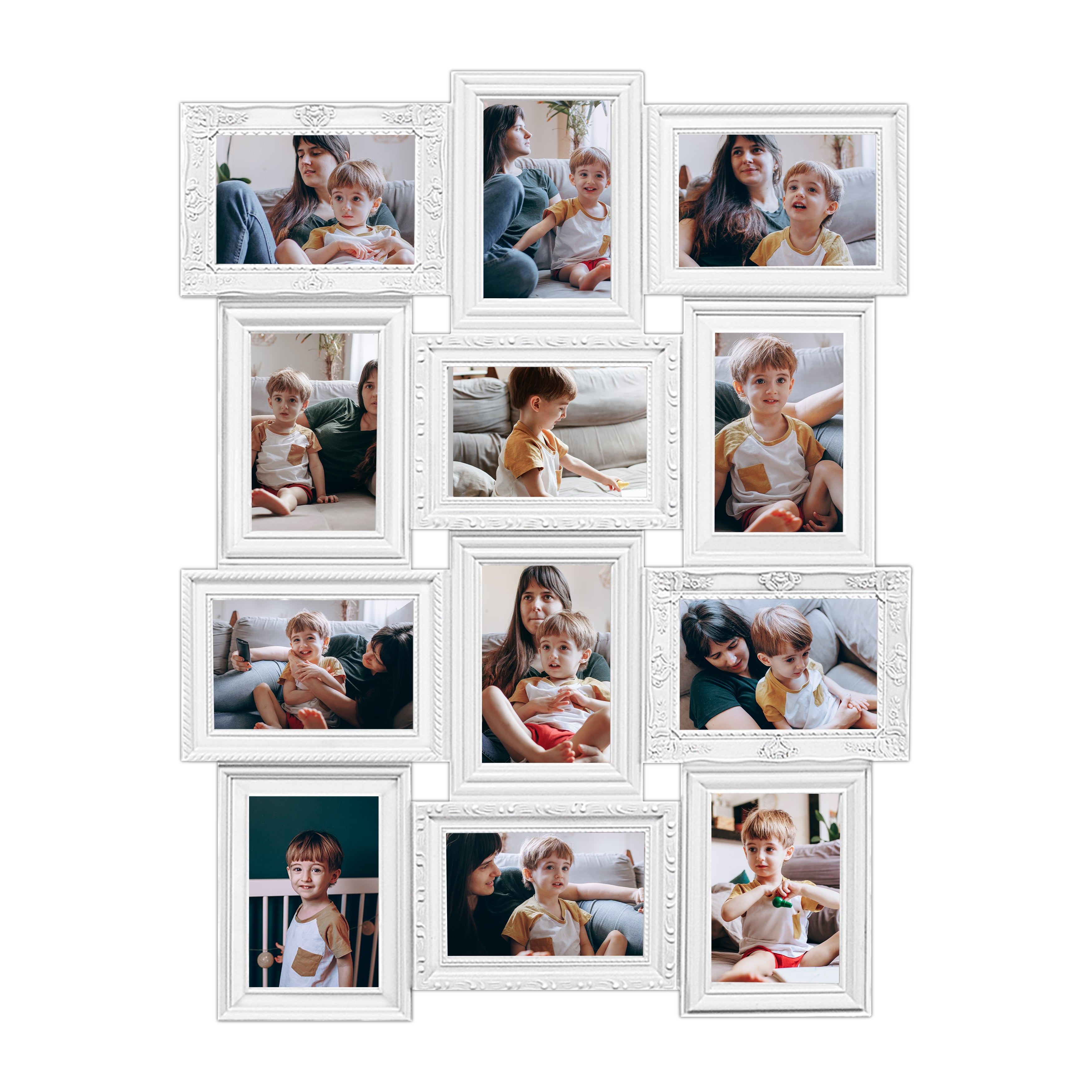 J.M.Deco Photo Collage Frames for Wall White Curved Classic European Style 12 Opening 27" x 20.5" Wall Hanging Picture Frame Collage 4" x 6" Photo Sockets x 12  Gallery Style main