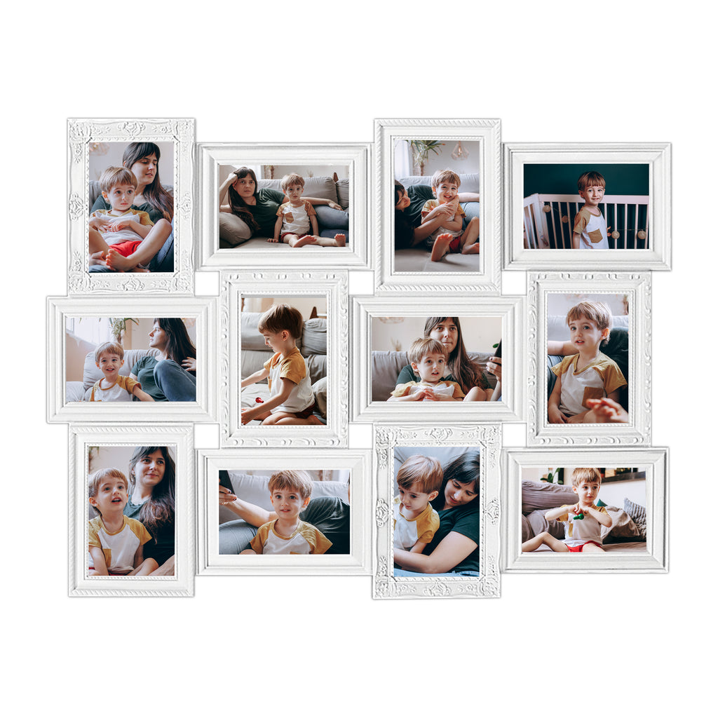 J.M.Deco Photo Collage Frames for Wall White Curved Classic European Style 12 Opening 27" x 20.5" Wall Hanging Picture Frame Collage 4" x 6" Photo Sockets x 12  Gallery Style front