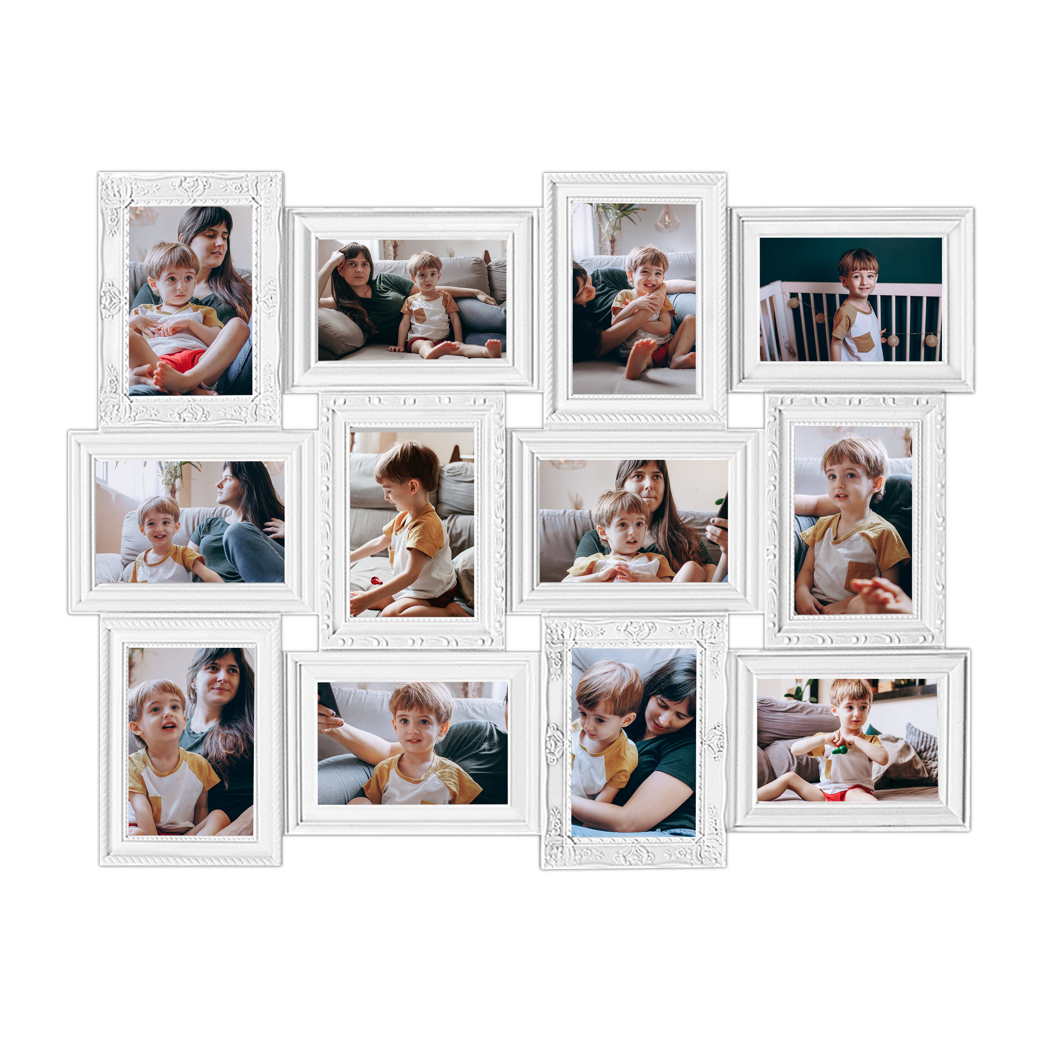 J.M.Deco Photo Collage Frames for Wall White Curved Classic European Style 12 Opening 27" x 20.5" Wall Hanging Picture Frame Collage 4" x 6" Photo Sockets x 12  Gallery Style front