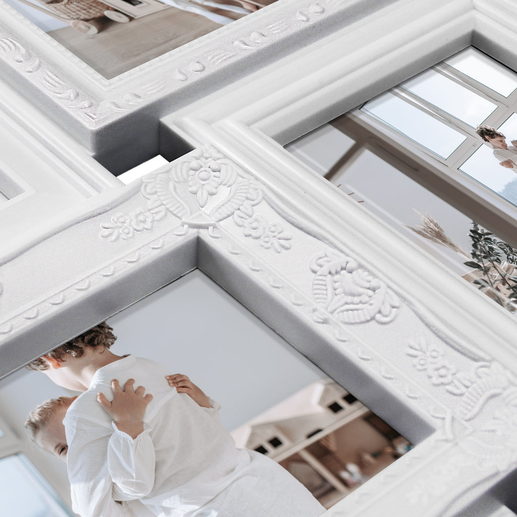 J.M.Deco Photo Collage Frames for Wall White Curved Classic European Style 12 Opening 27" x 20.5" Wall Hanging Picture Frame Collage 4" x 6" Photo Sockets x 12  Gallery Style detail