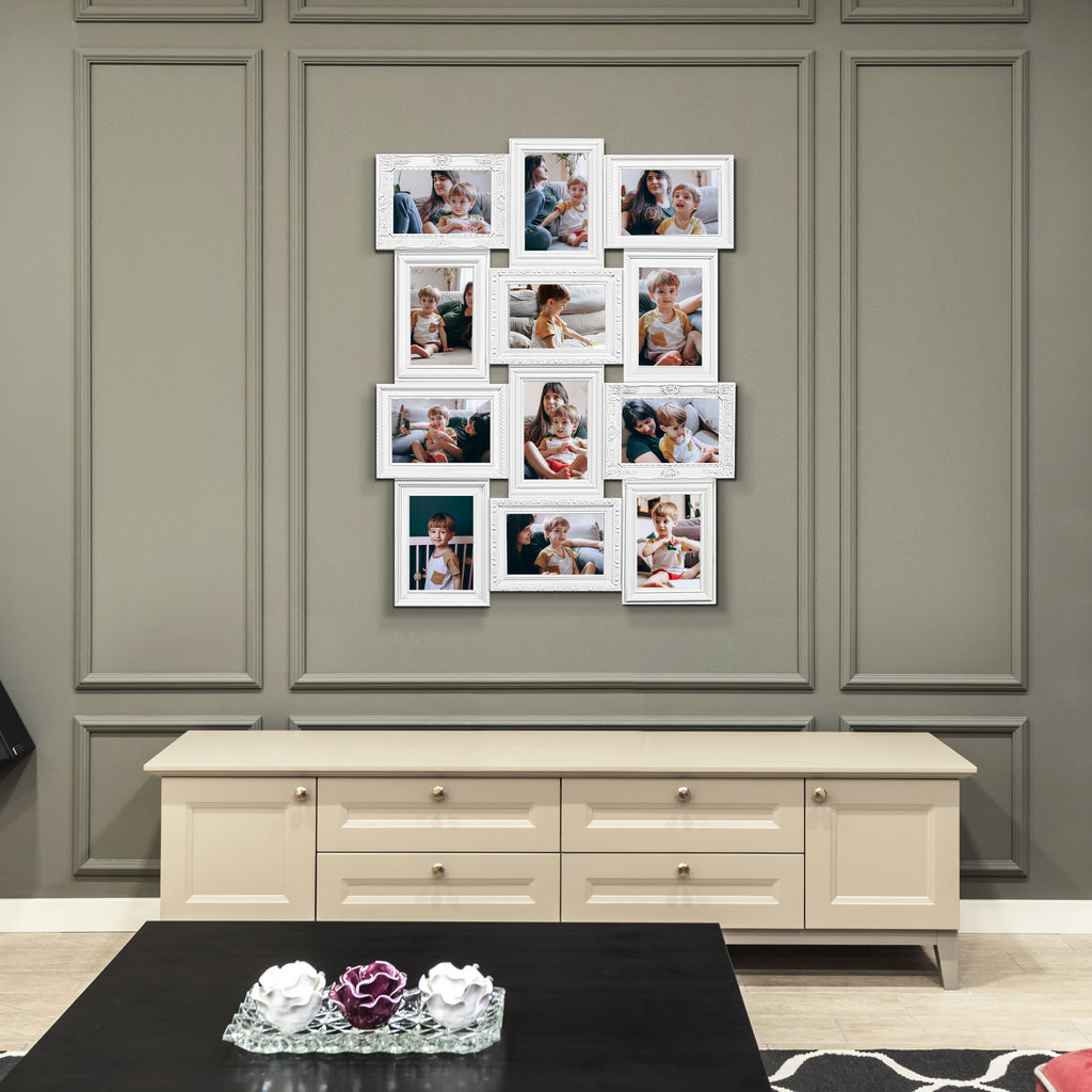 J.M.Deco Photo Collage Frames for Wall White Curved Classic European Style 12 Opening 27" x 20.5" Wall Hanging Picture Frame Collage 4" x 6" Photo Sockets x 12  Gallery Style in use2