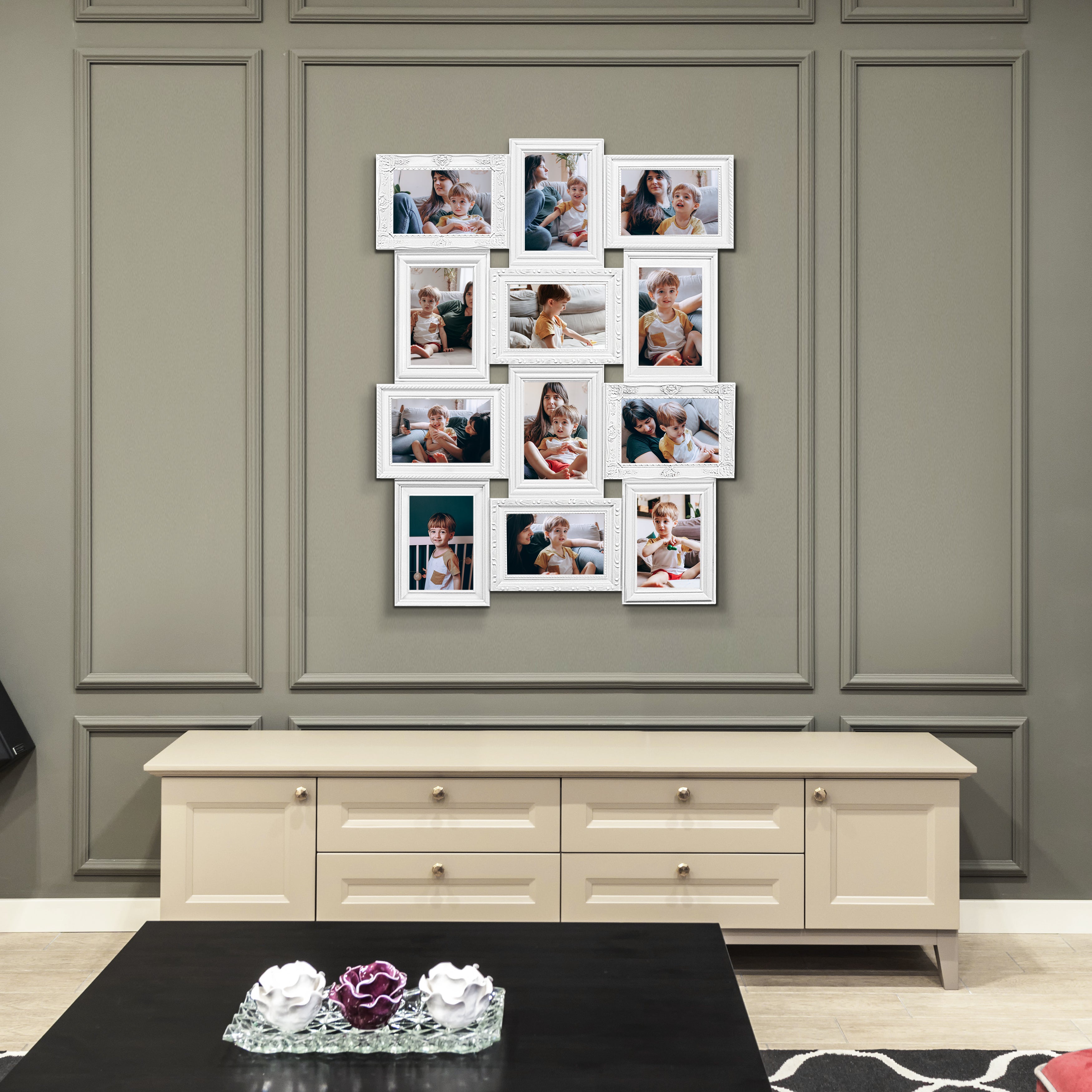 J.M.Deco Photo Collage Frames for Wall White Curved Classic European Style 12 Opening 27" x 20.5" Wall Hanging Picture Frame Collage 4" x 6" Photo Sockets x 12  Gallery Style in use2