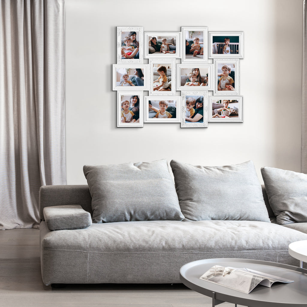 J.M.Deco Photo Collage Frames for Wall White Curved Classic European Style 12 Opening 27" x 20.5" Wall Hanging Picture Frame Collage 4" x 6" Photo Sockets x 12  Gallery Style in use