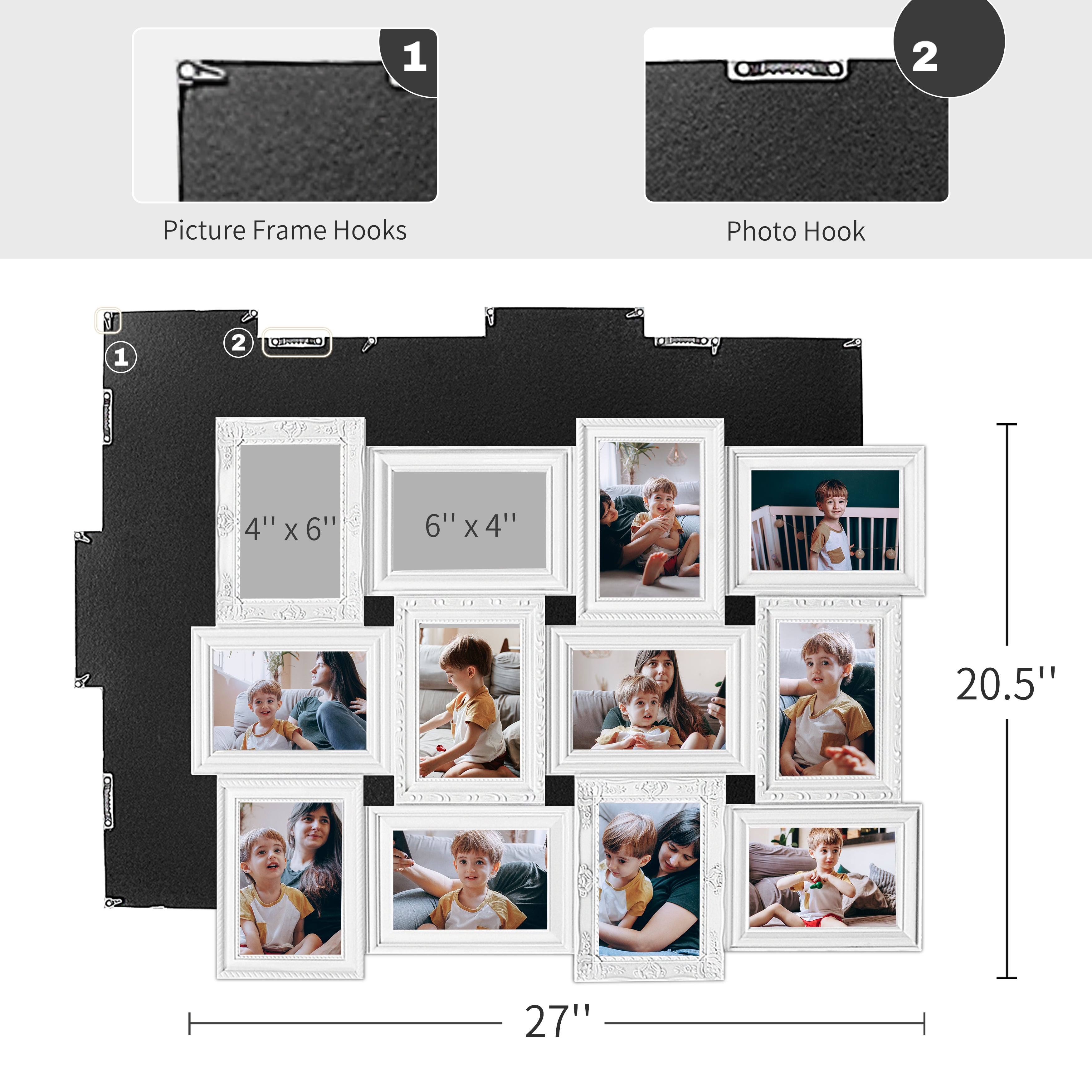 J.M.Deco Photo Collage Frames for Wall White Curved Classic European Style 12 Opening 27" x 20.5" Wall Hanging Picture Frame Collage 4" x 6" Photo Sockets x 12  Gallery Style size
