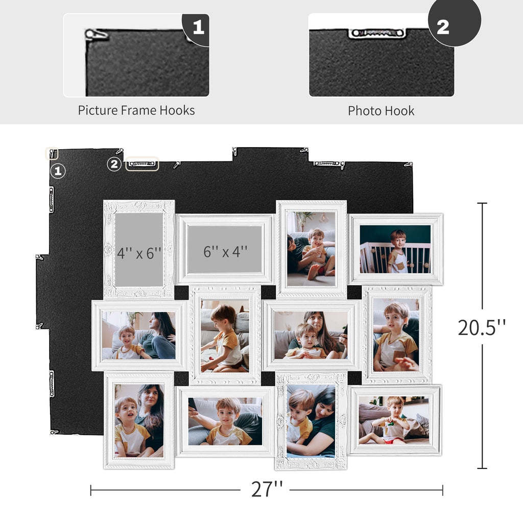 J.M.Deco 12-Opening Photo Collage Frame   27"x20.5" White European Style Wall Hanging size
