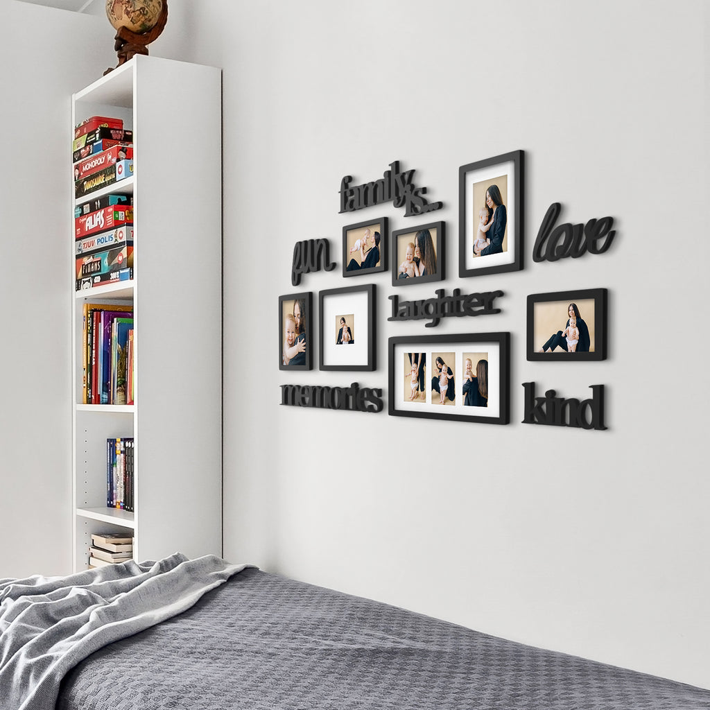 J.M.Deco 13 Pack Photo Frame  9 Slots Reunion Family Memory Picture Frame Selfie 3D Design Gallery Collage Wall Hanging for 6x4 Photo  5x7 Photo  4x4 Photo  Gift for family Black side