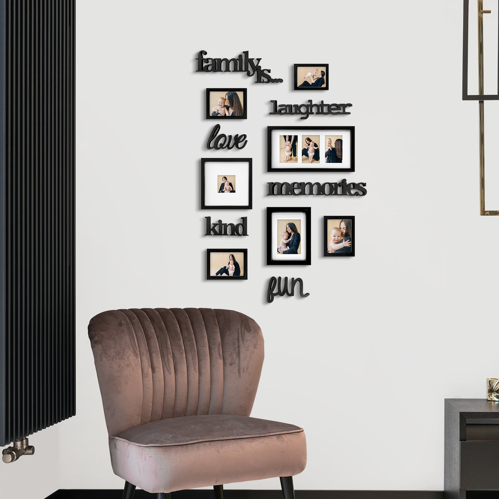 J.M.Deco 13 Pack Photo Frame  9 Slots Reunion Family Memory Picture Frame Selfie 3D Design Gallery Collage Wall Hanging for 6x4 Photo  5x7 Photo  4x4 Photo  Gift for family Black in use