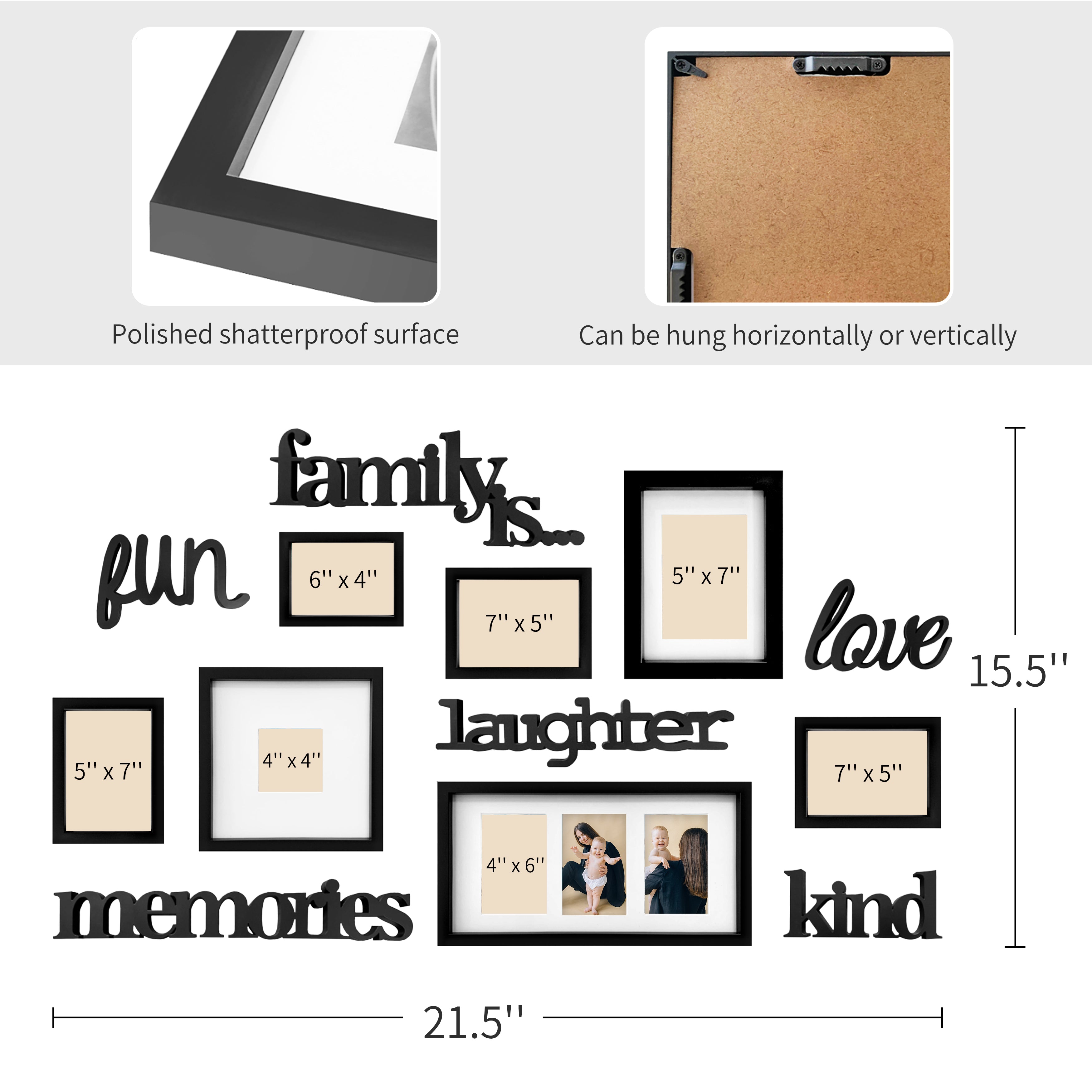 J.M.Deco 13 Pack Photo Frame  9 Slots Reunion Family Memory Picture Frame Selfie 3D Design Gallery Collage Wall Hanging for 6x4 Photo  5x7 Photo  4x4 Photo  Gift for family Black size