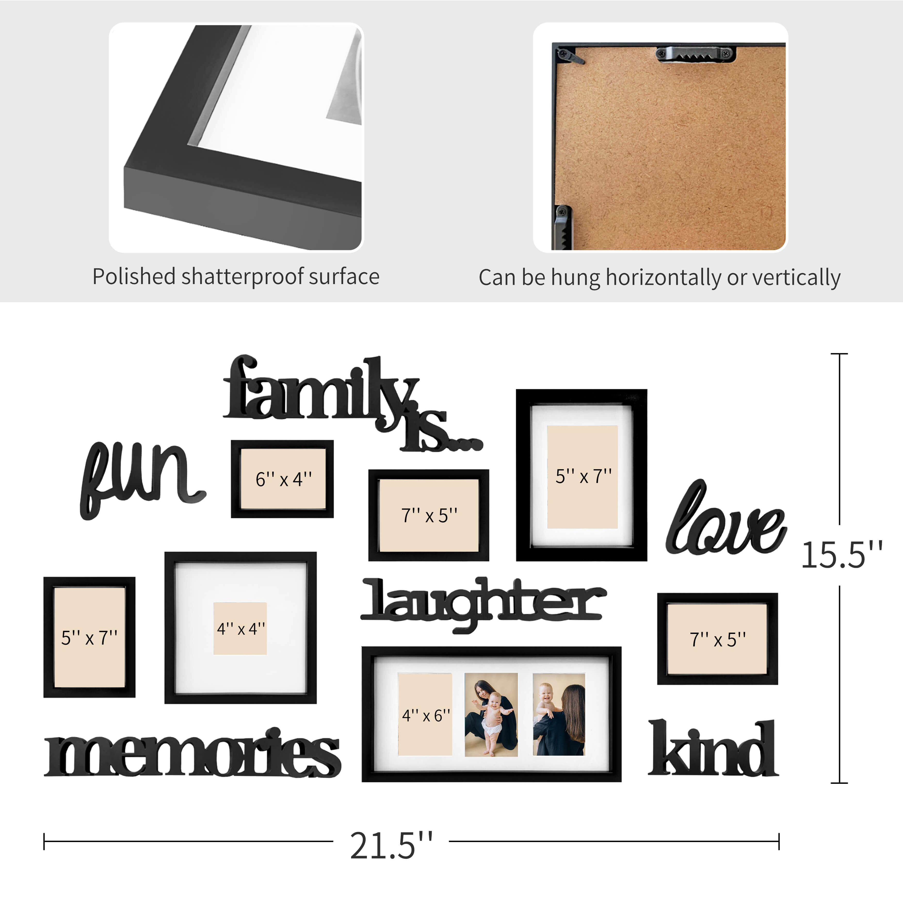 J.M.Deco 13-Pack Gallery Collage Frame   9 Slots  4x4, 4x6 & 5x7  Black size