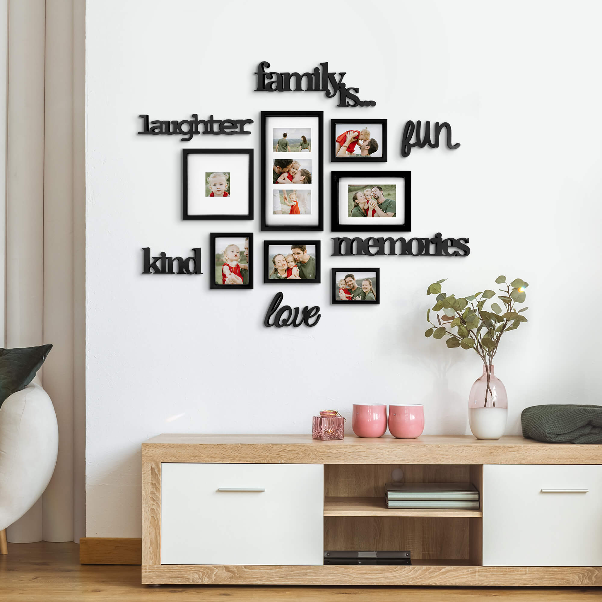 J.M.Deco 13-Pack Gallery Collage Frame   9 Slots  4x4, 4x6 & 5x7  Black on the wall