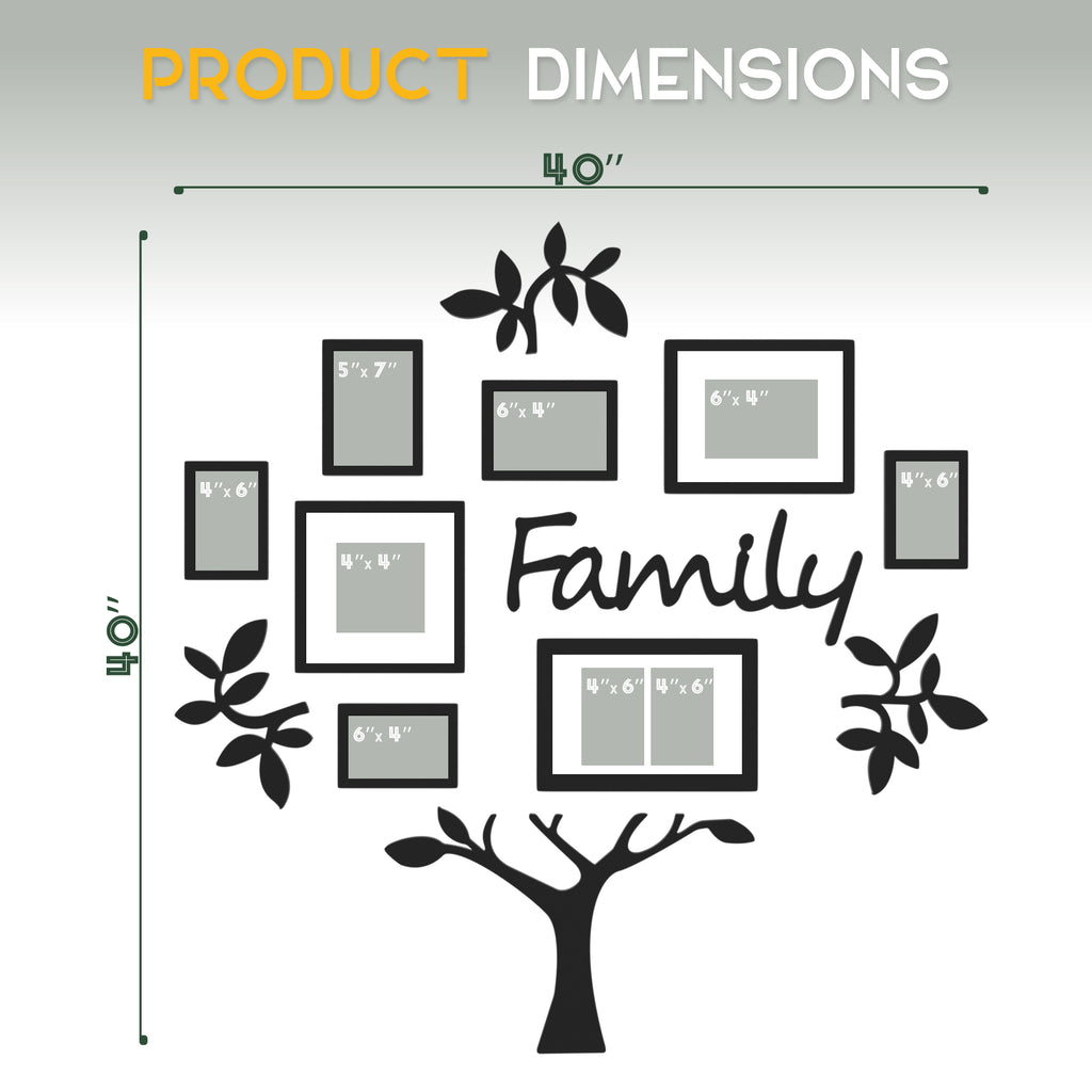 J.M.Deco 13 Pack Family Tree Photo Frame Collection with Lvory Mat Set Photo Size One 4''x4'' Five 4''x6'' Three 5''x7''  PVC-Wall Mounting Picture Frame for Home Living Room Bedroom 3D Design Black SIZE