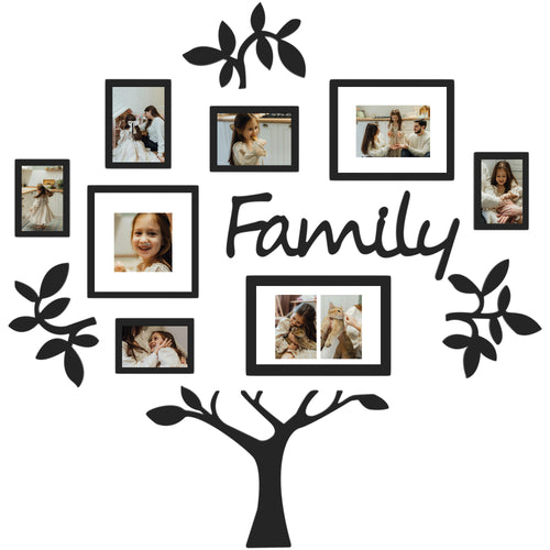 J.M.Deco 13 Pack Family Tree Photo Frame Collection with Lvory Mat Set Photo Size One 4''x4'' Five 4''x6'' Three 5''x7''  PVC-Wall Mounting Picture Frame for Home Living Room Bedroom 3D Design Black MAIN