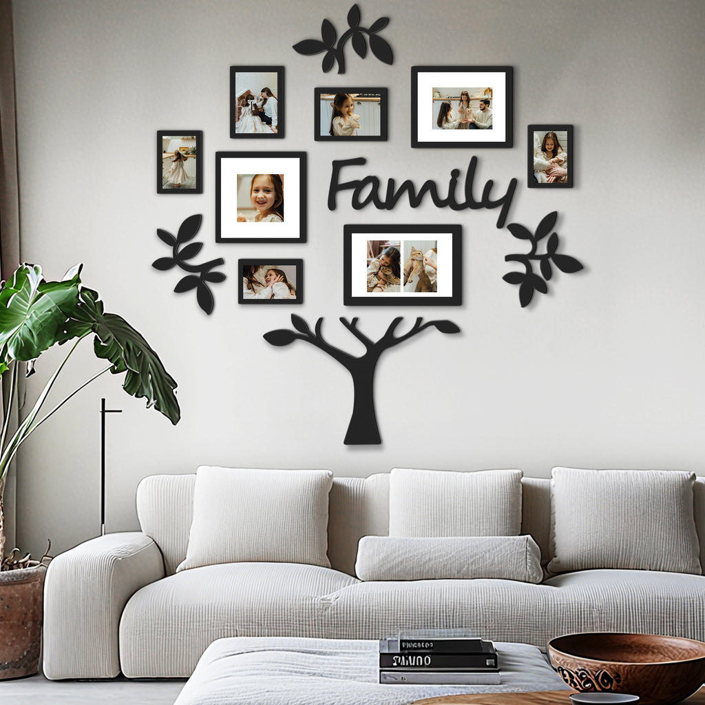 J.M.Deco 13 Pack Family Tree Photo Frame Collection with Lvory Mat Set Photo Size One 4''x4'' Five 4''x6'' Three 5''x7''  PVC-Wall Mounting Picture Frame for Home Living Room Bedroom 3D Design Black front